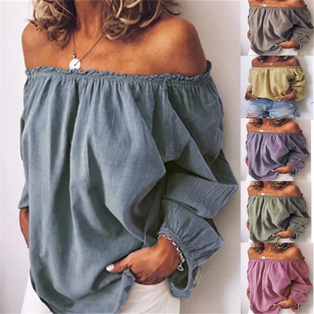 Women's Linen Off-Shoulder Tunic Top - Long Sleeve Ruffled Balloon Sleeve Cotton Blouse for Summer | Casual Beachwear, Vacation Outfits & Boho Style Fashion