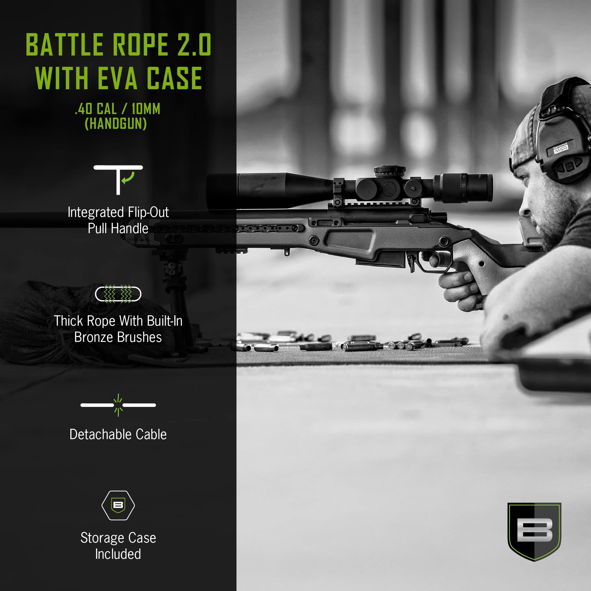 Breakthrough Clean Battle Rope 2.0 Gun Cleaning Kit - Universal for Rifle, Shotgun & Pistol with EVA Storage Case & Brass Handle - Perfect for Firearm Maintenance at Home, Range or Hunting
