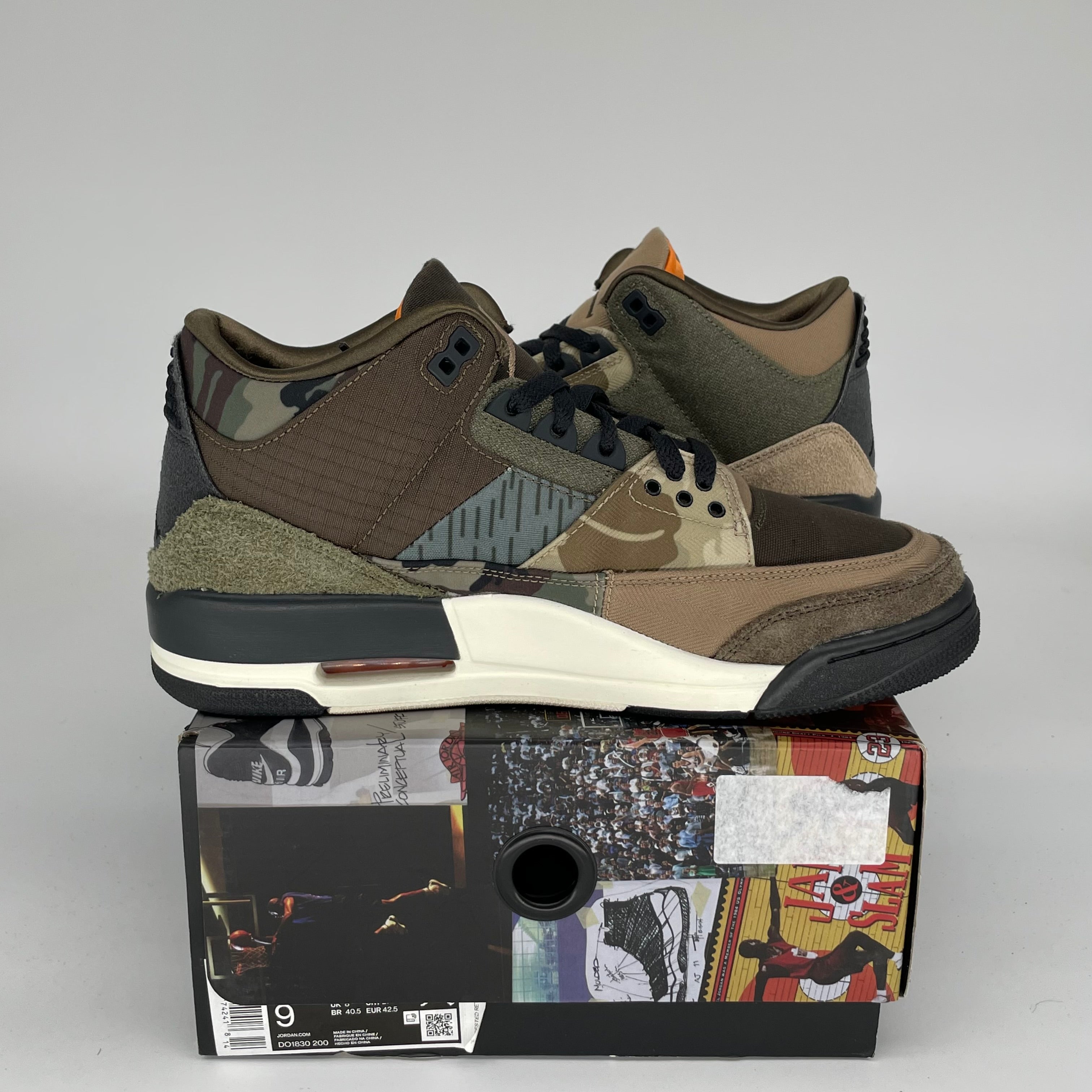 Original Air Jordan 3 Patchwork Camo Sneakers - Size 9 (DO1830-200) - Retro Basketball Shoes for Men, Streetwear & Casual Fashion