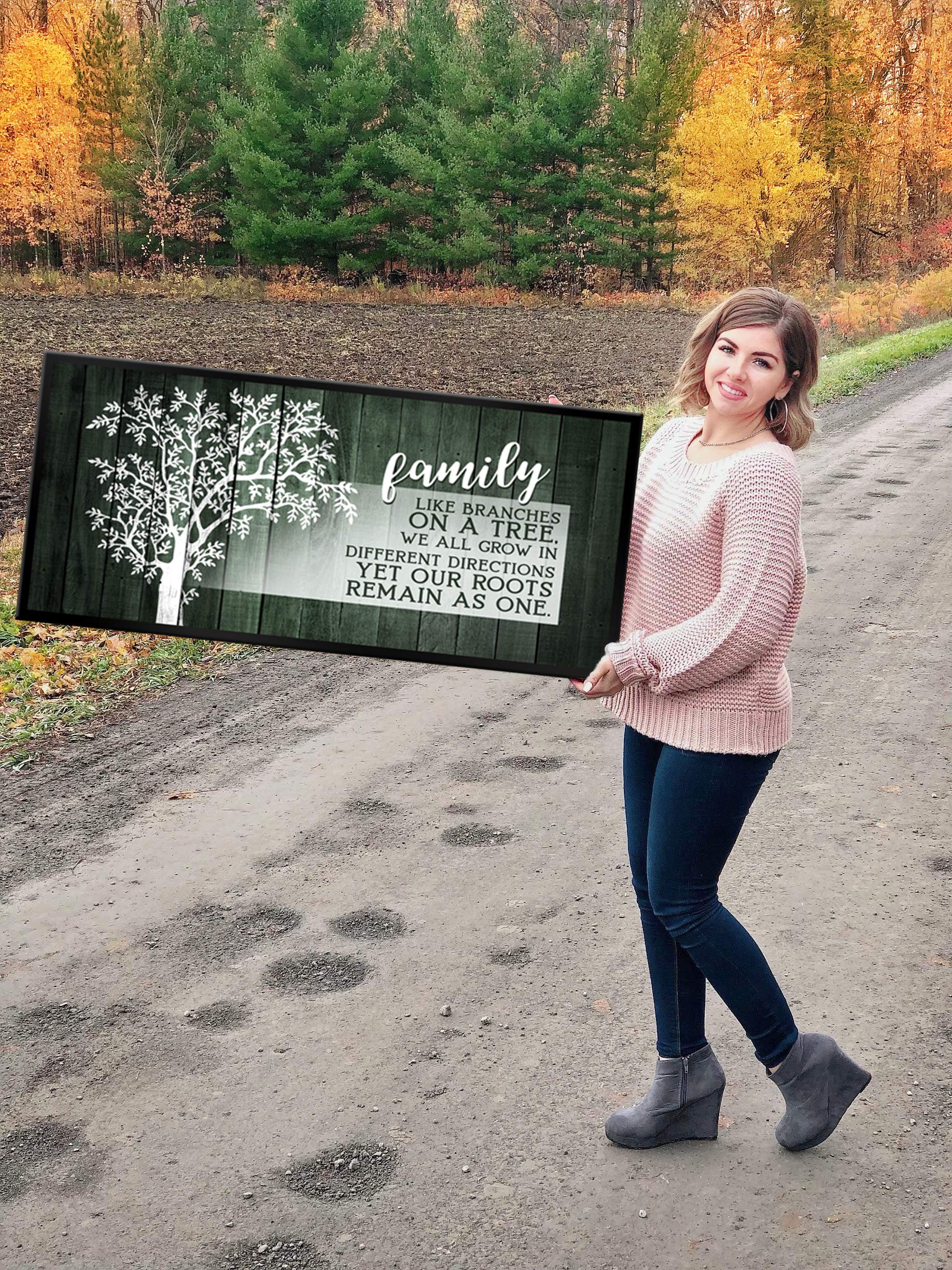 Family Tree Wall Art Plaque - Large Canvas Farmhouse Decor for Living Room & Family Room - Green & Black Floating Frame 42x19 - Perfect for Home Décor, Housewarming Gifts & Rustic Interior Design