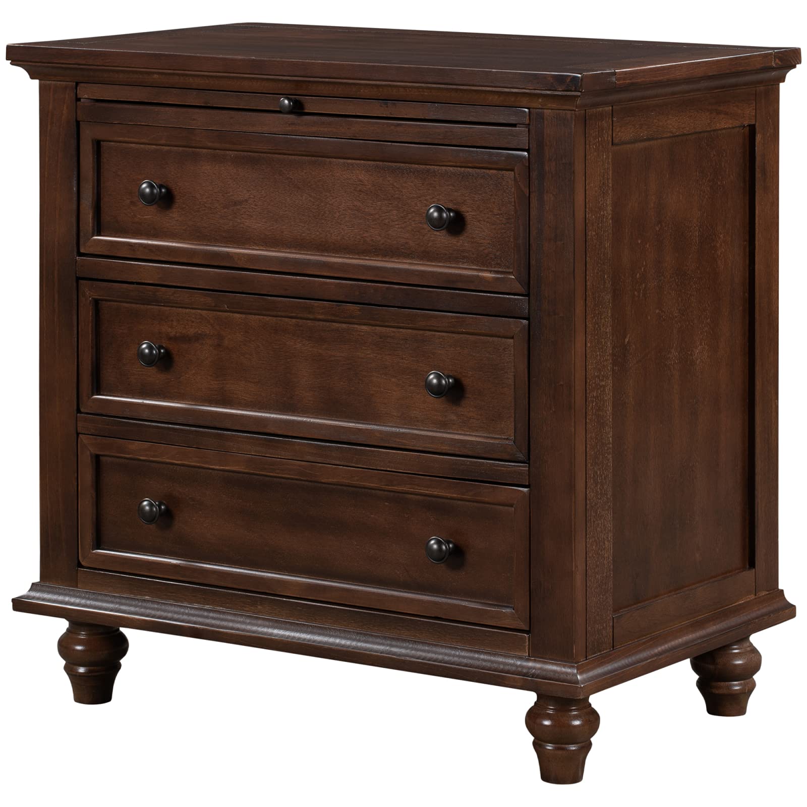 Brown Wood 3-Drawer Dresser Nightstand with Pull-Out Tray - Bedside Table for Bedroom & Living Room Storage