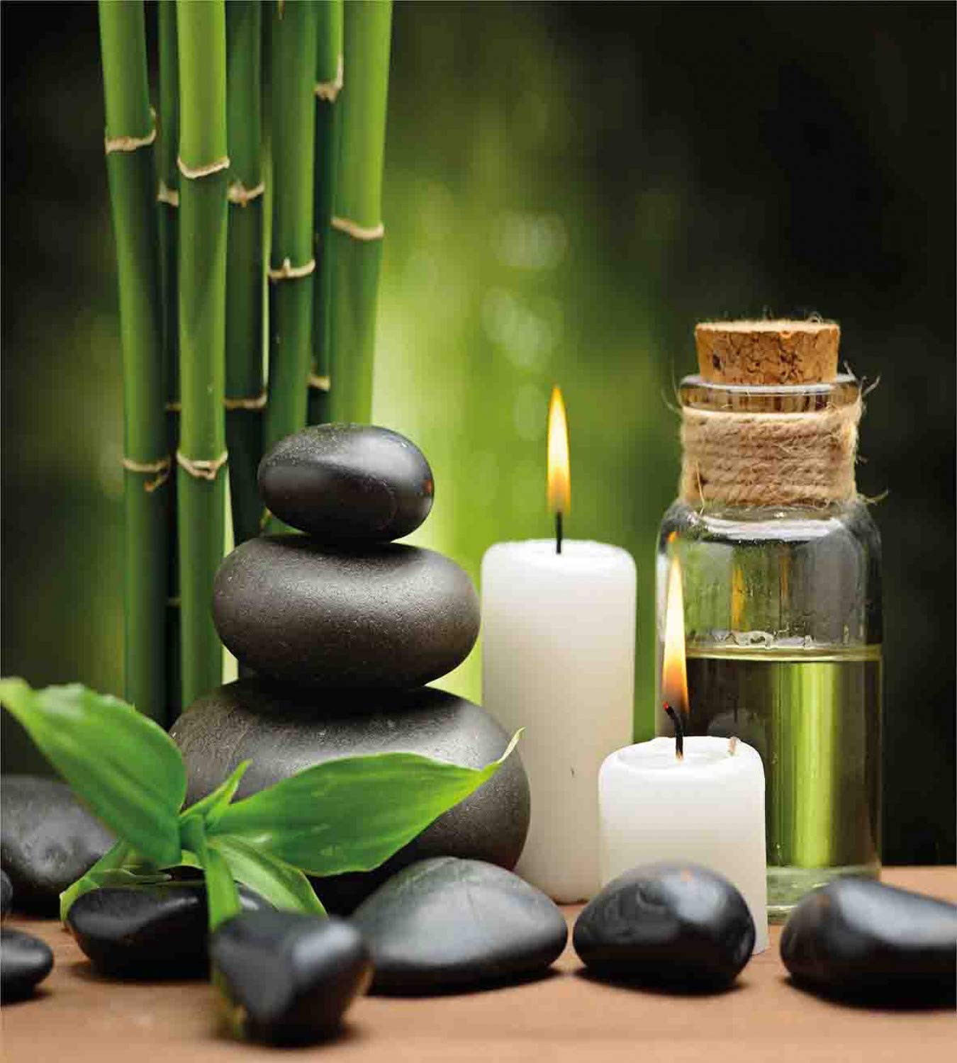 Ambesonne Spa Themed Duvet Cover Set - Exotic Rocks, Candles & Tropical Trees Print on Blurry Background, 3-Piece Bedding Set with 2 Pillow Shams, California King Size, White Black Green | Perfect for Relaxing Bedroom Decor, Spa Retreats & Tropical Vacation Vibes