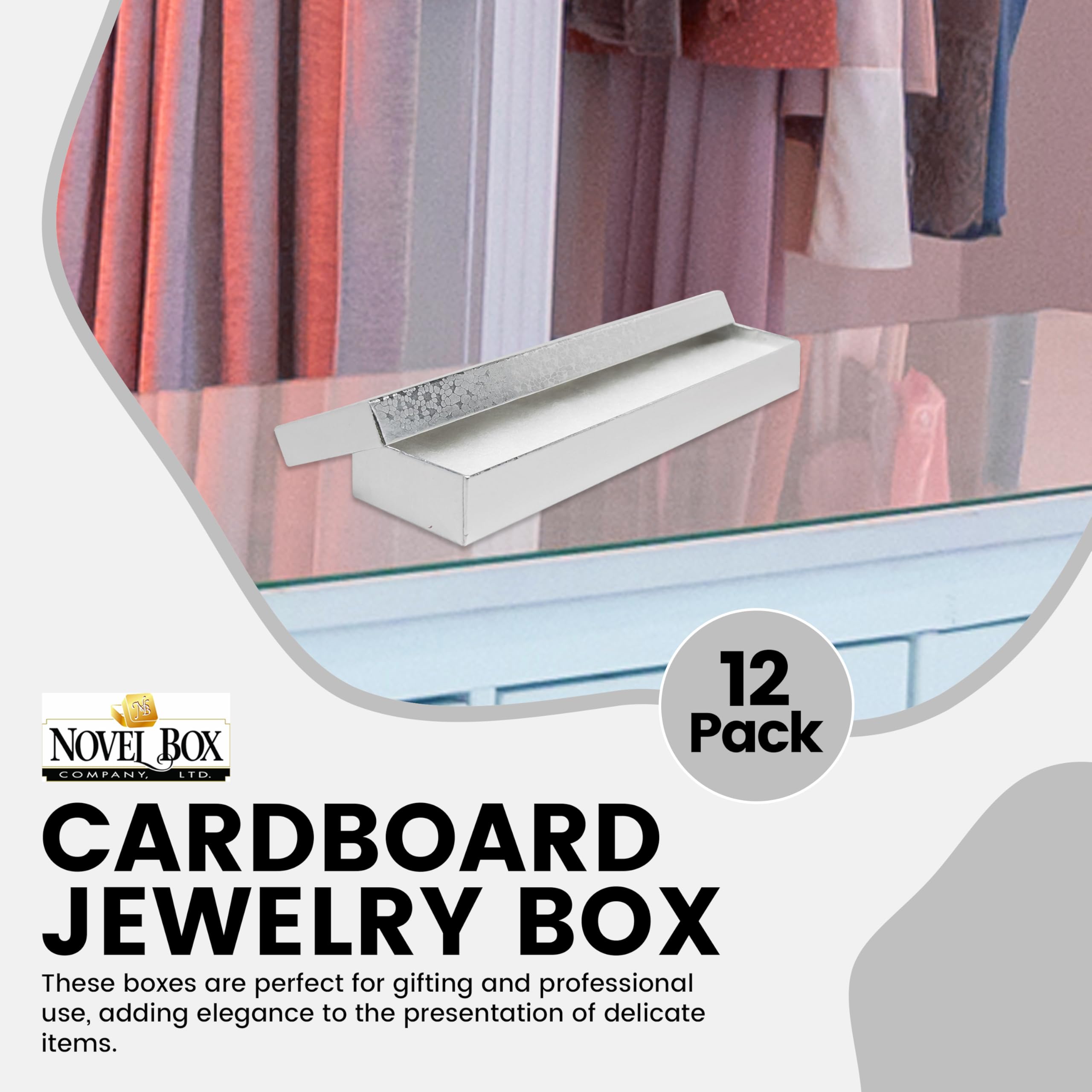 12 Pack Silver Jewelry Gift Boxes 8x2x0.87 Inches - Premium Cotton Filled Cardboard Jewelry Storage Box with Lid - Made in USA - Perfect for Bracelets, Necklaces, Rings & Earrings - Great for Gifting, Retail Display & Jewelry Organization