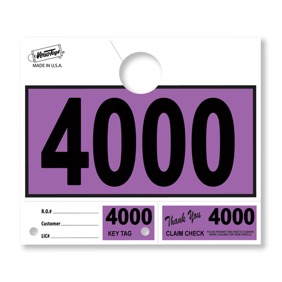 Versa-Tags 1000 Purple Car Dealer Service Hang Tags with 3-Part Key Ring (4000-4999) - Durable Dispatch Number Tags for Auto Repair Shops & Mechanics | Perfect for Vehicle Service Tracking & Key Organization
