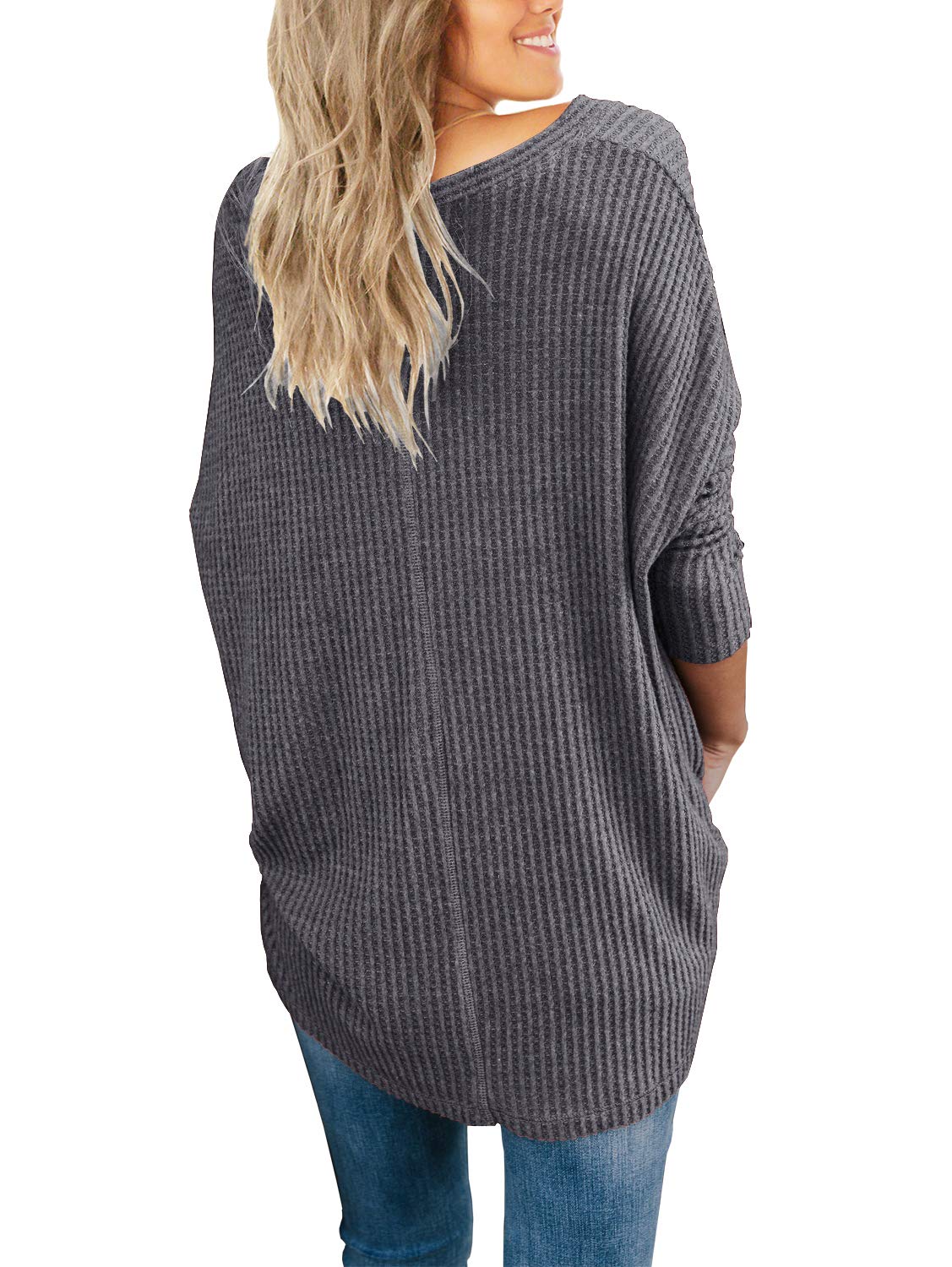 IWOLLENCE Women's Waffle Knit Tunic Blouse - Tie Knot Henley Tops, Loose Fitting Batwing Long Sleeve Shirt for Casual Wear, Office & Fall Outfits