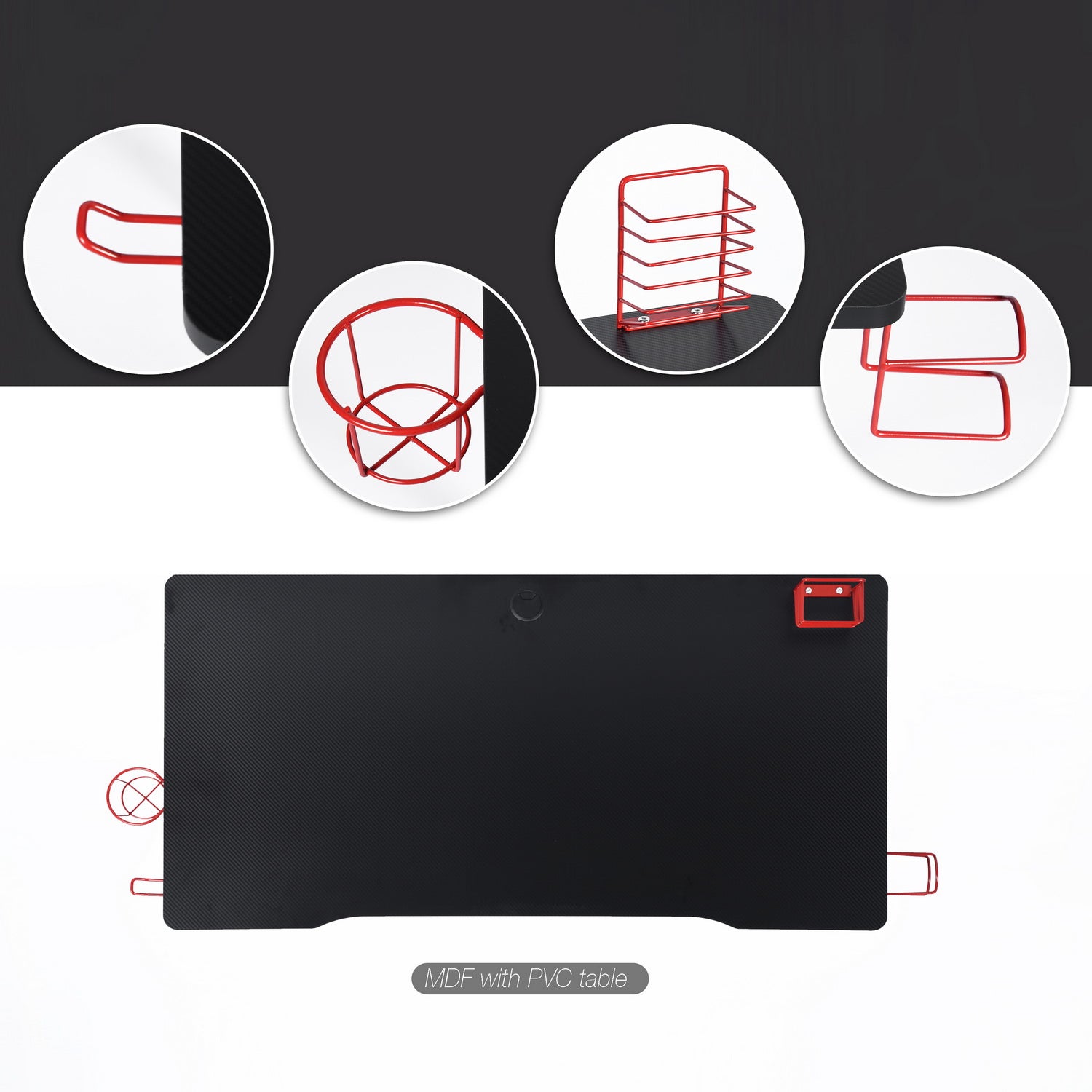 Modern Black & Red Computer Desk - Scratch Resistant, Waterproof Surface with Multiple Features - Model Ally - Perfect for Home Office, Gaming Setup & Small Workspaces