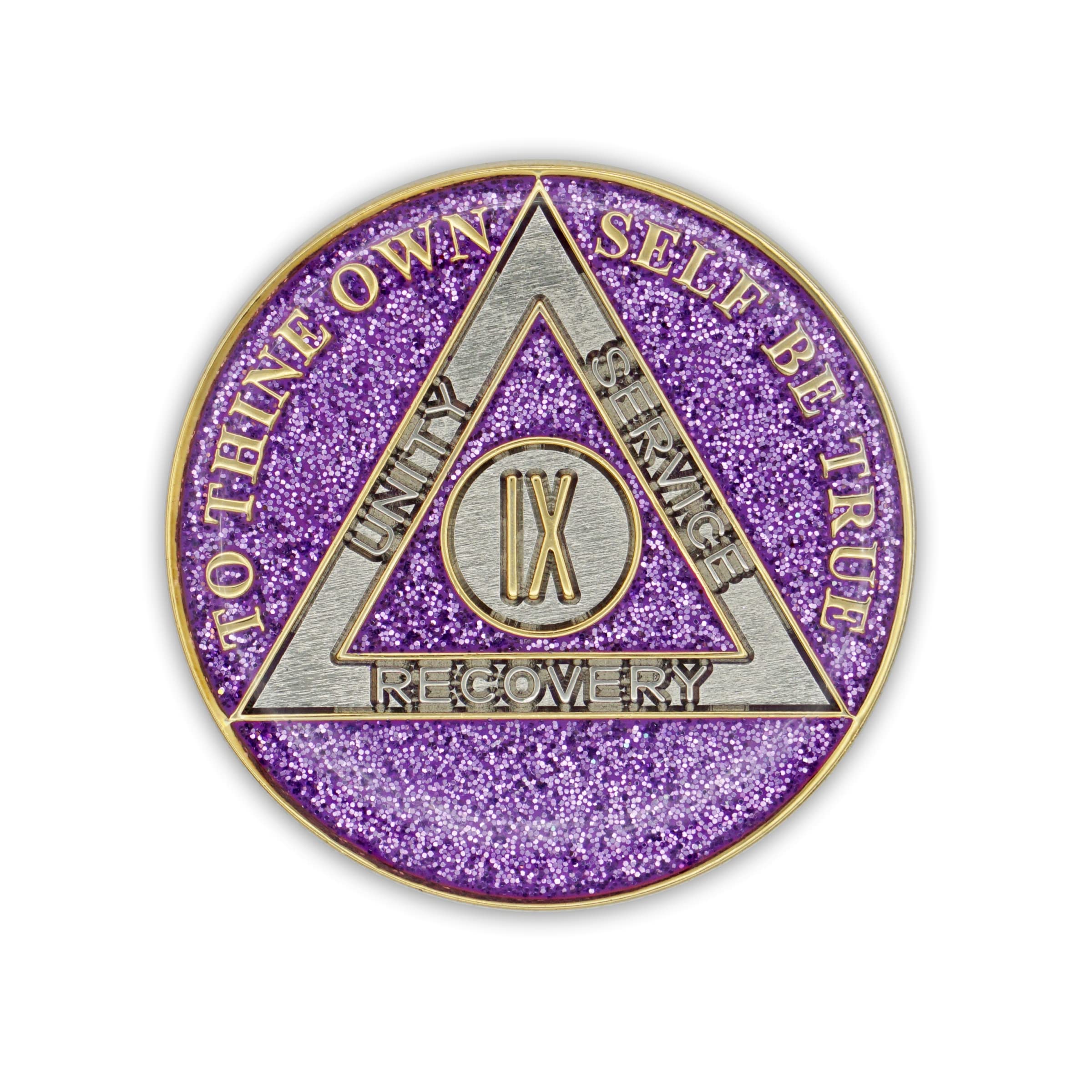 9 Year Sobriety Coin - Purple Glitter Triplate AA Chip for Recovery Anniversary | Motivational Gift for Alcoholics Anonymous, 12 Step Programs & Celebrating Milestones