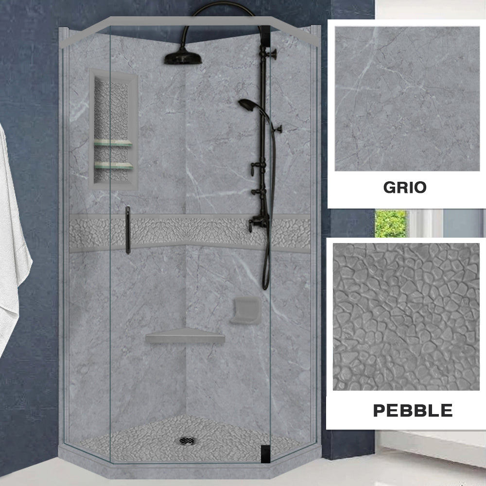 Grio Marble Pebble Neo Shower Enclosure Kit - Waterproof Bathroom Glass Door with Stainless Steel Frame for Modern Home & Spa Use