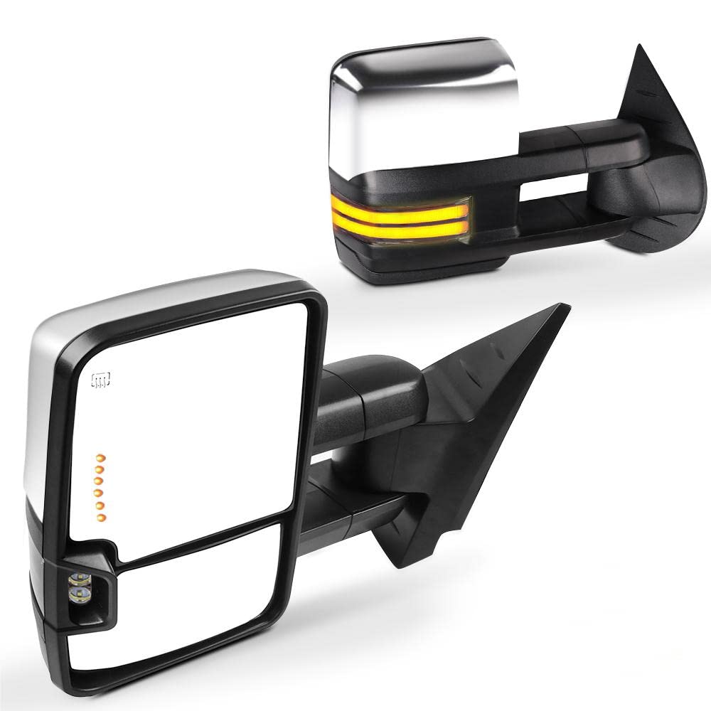 SCITOO Power-Adjustable Heated Towing Mirrors with LED Turn Signal, Running & Clearance Lights - Compatible with 2008-2013 Chevy Silverado & GMC Sierra (Chrome Cap Housing) - Perfect for Enhanced Visibility & Safety During Towing, Night Driving & Off-Road Adventures