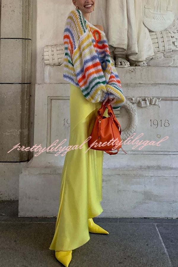 Rainbow Striped Knit Sweater for Women - Cozy Loose Fit Hollow Out Design - Perfect for Casual Outfits, Fall Layering & Boho Chic Style