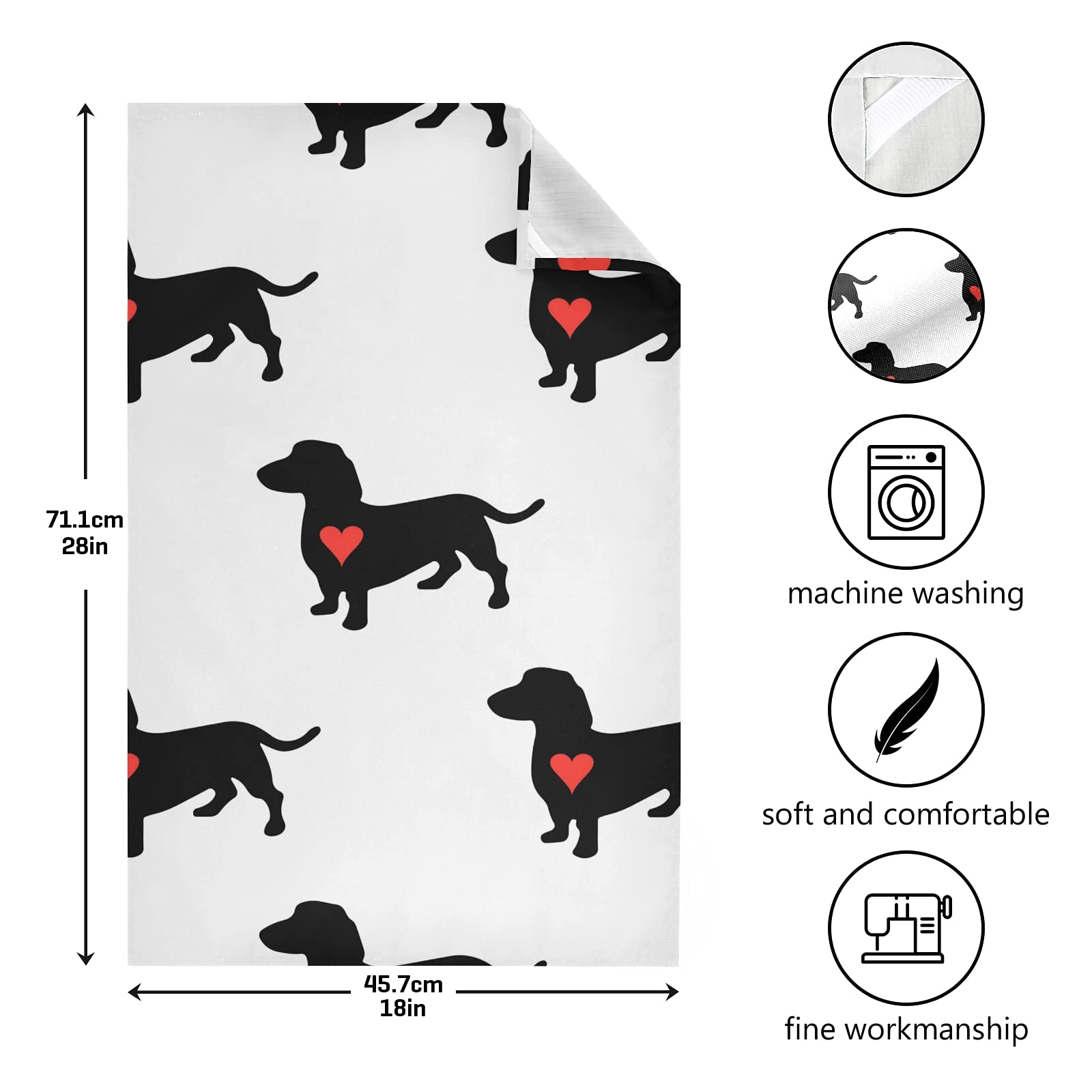 **Cute Heart Dachshund Dog Kitchen Towels - 1 Pack Reusable Absorbent Dish Cloths, Hand & Tea Towels (28