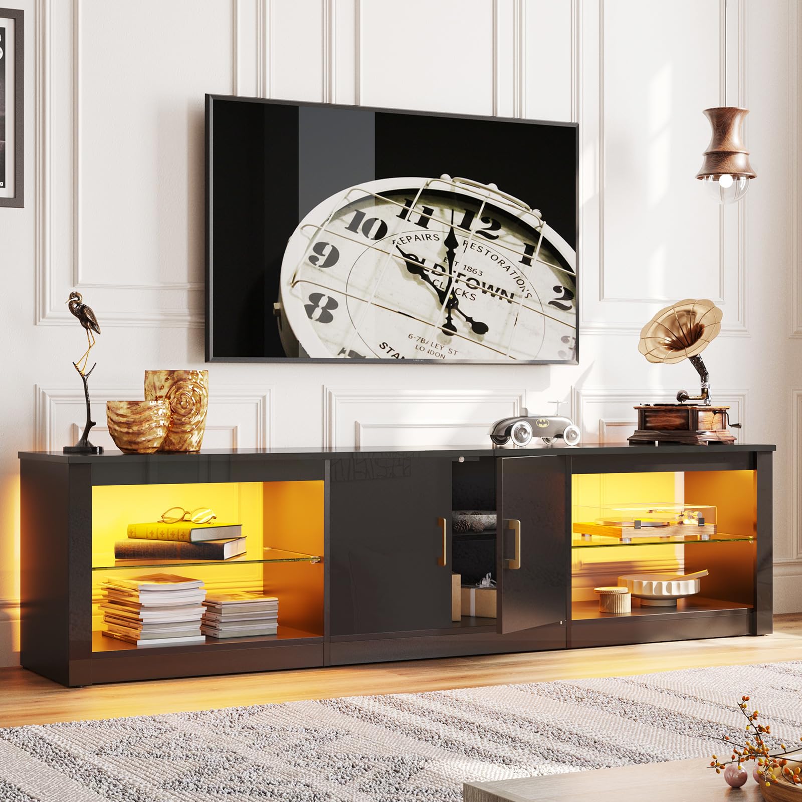 Bestier Modern TV Stand for 75 Inch TVs - Large Entertainment Center with Glass Shelves & 2 Storage Cabinets - Sturdy TV Console for Living Room, Gaming Setup & Home Theater Systems