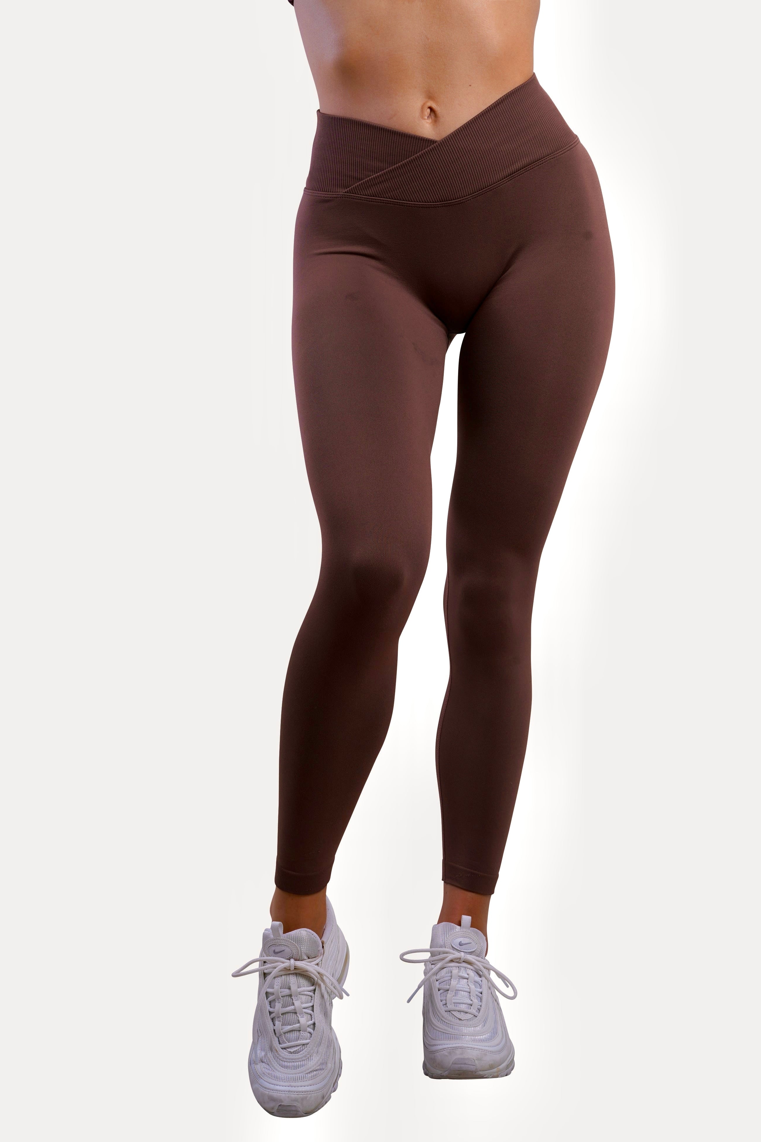 Core V Waist Leggings for Women - High Waist Tummy Control Yoga Pants - Comfortable Workout Leggings in Espresso Brown - Perfect for Yoga, Running & Gym