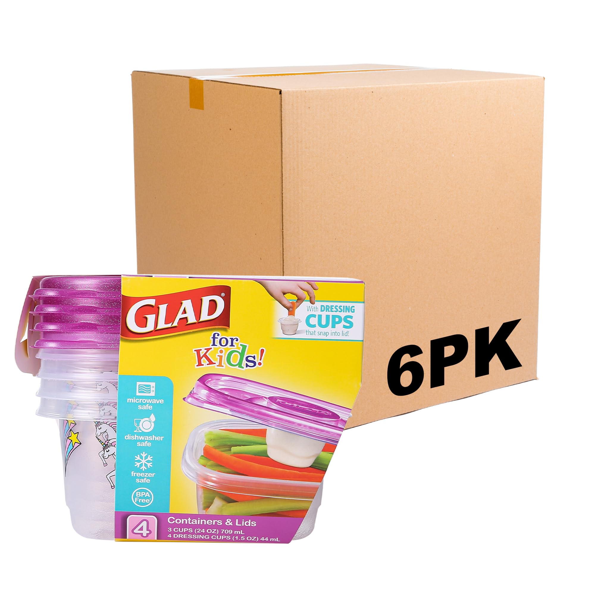 Glad for Kids GladWare Snack Containers with Unicorn Design | BPA-Free Plastic Food Storage Containers with Dressing Cups | Microwave & Dishwasher Safe, 24oz, 4-Pack (Pink) | Perfect for School Lunches, Picnics & On-the-Go Snacks