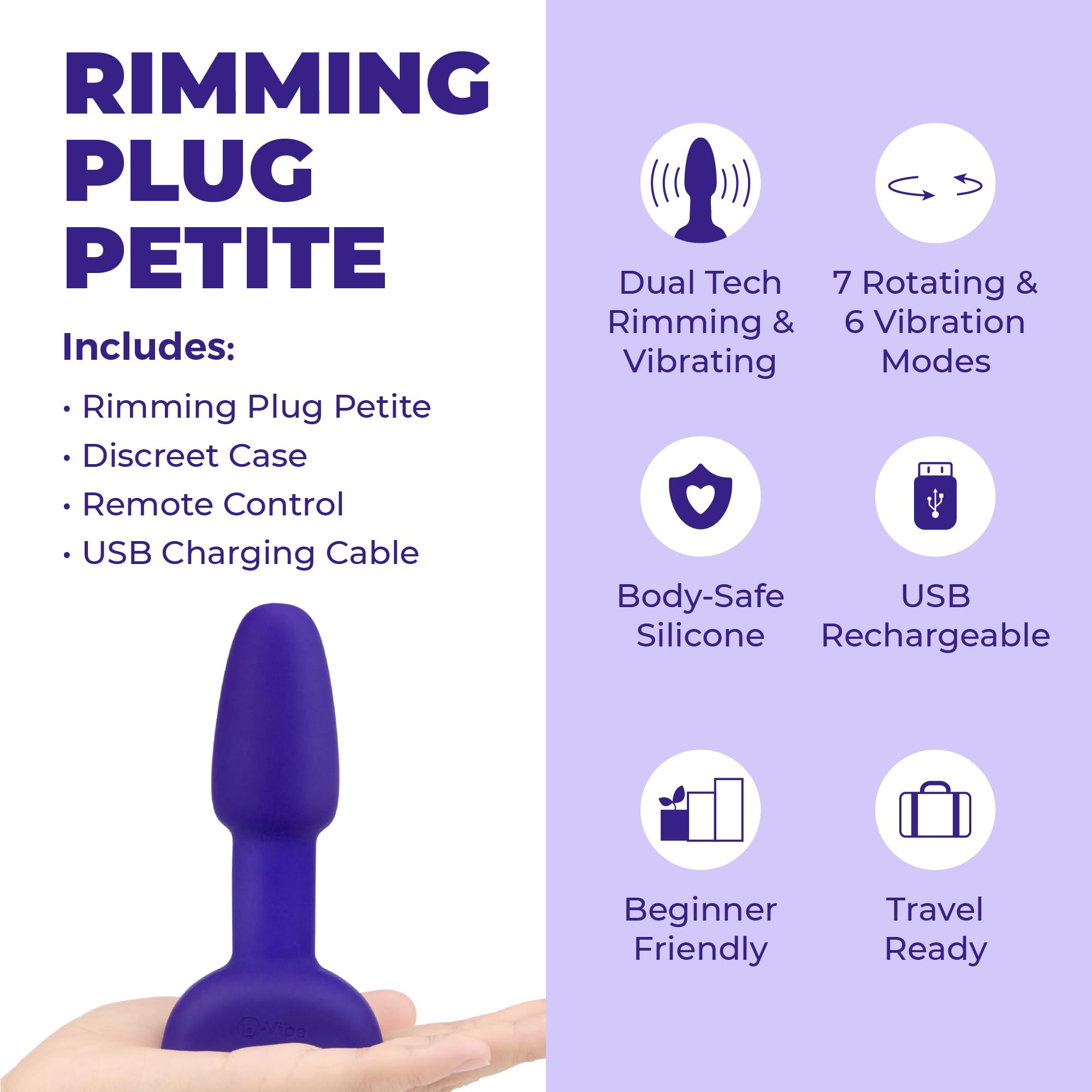 b-Vibe Petite Rimming Remote Control Anal Plug - Purple Adult Sex Toy for Couples, Anal Training & Pleasure | Perfect for Long Distance Play, BDSM & Sensual Exploration