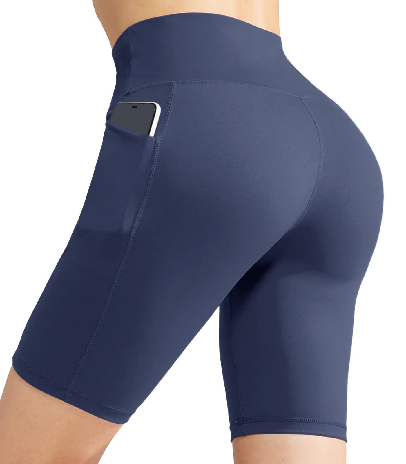 MIER Women's High Waist Yoga Shorts - 8 Inch Compression Biker Shorts with Side Pockets & Tummy Control for Workout, Running, Gym & Lounge Wear