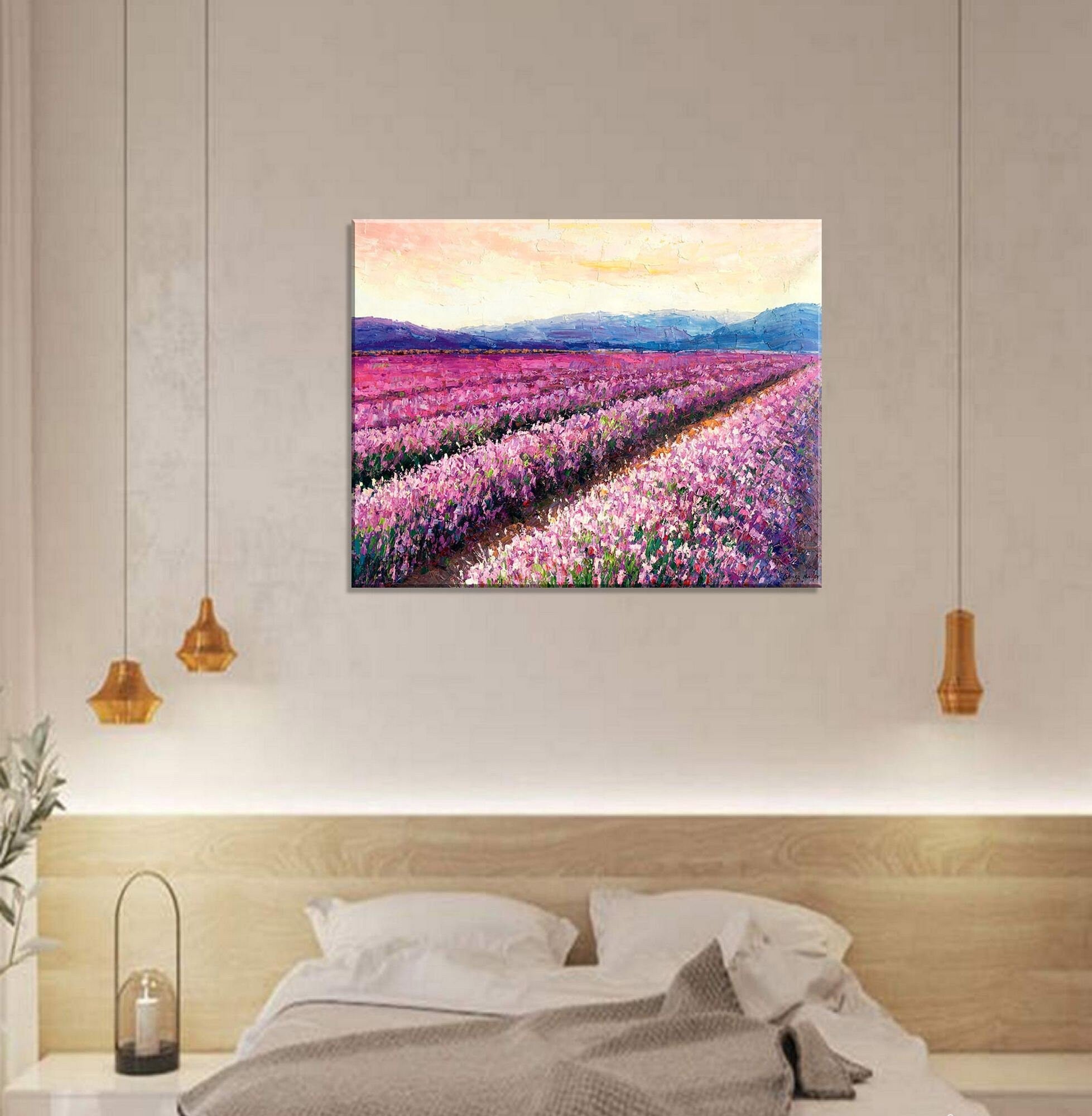 Original Large Landscape Oil Painting - French Provence Lavender Fields Abstract Artwork | Contemporary Wall Decor for Bedroom, Living Room & Office | Handmade Canvas Art for Home & Office Decoration