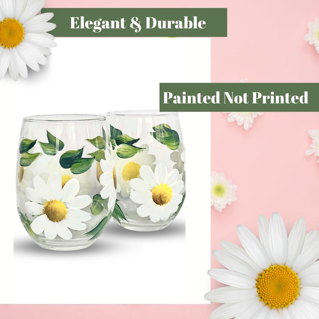 Handpainted Daisy Stemless Wine Glasses Set of 4 - 15oz Floral Glassware for Women, Birthday Gifts for Her, Best Friend Gift Idea - Perfect for Wine Tasting, Bridal Showers, and Home Decor