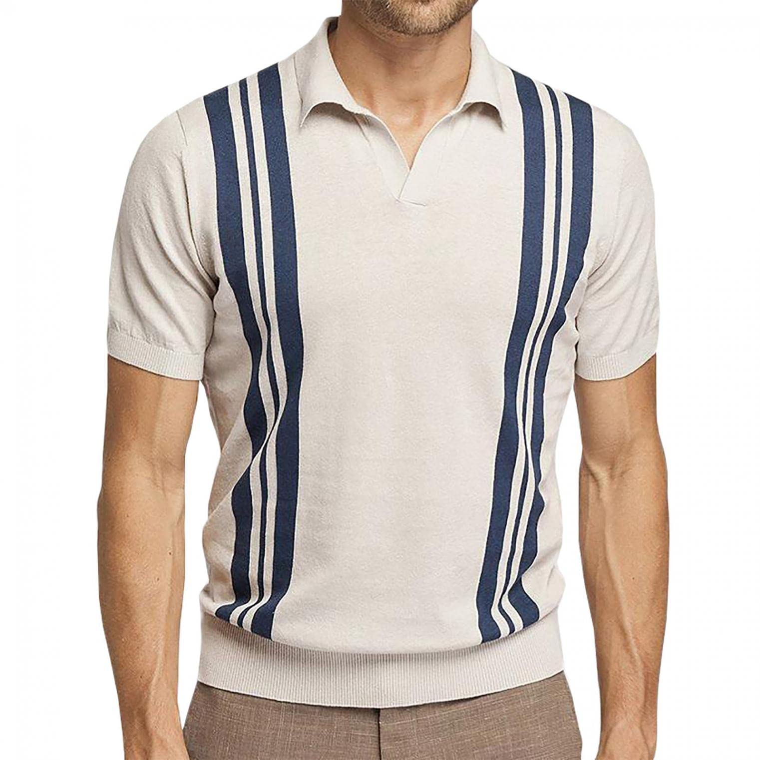 Men's Casual Short Sleeve Striped T-Shirt - Spring Summer Fashion Tee with Turn Down Collar | Perfect for Outdoor Activities, Beach Wear & Everyday Casual Outfits