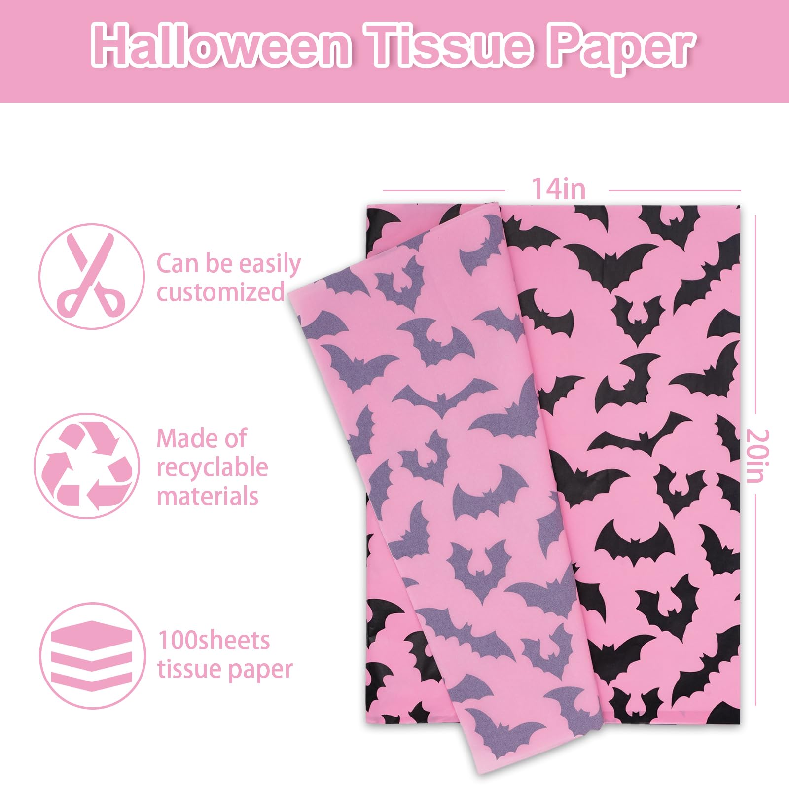 100Pcs Pink Bat Tissue Paper - Bulk Halloween Wrapping Paper with Black Bat Design, 14 x 20 Inch - DIY Gift Wrap & Craft Supplies for Party Decorations, Scrapbooking, and Spooky Halloween Projects