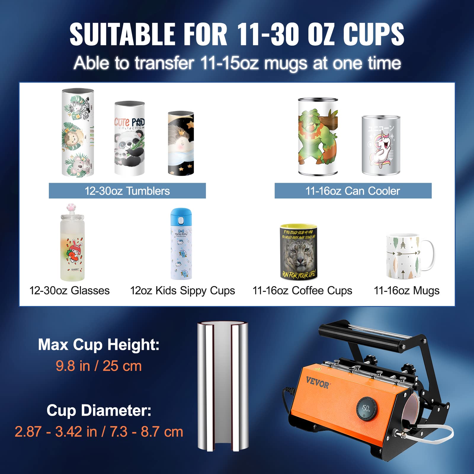 VEVOR Tumbler Heat Press Machine for 20oz-30oz Straight & 11-16oz Skinny Tumblers - Mug Press with Sublimation Paper, Heat Tape & Gloves (Orange) - Perfect for DIY Custom Tumblers, Coffee Mugs & Sublimation Crafts