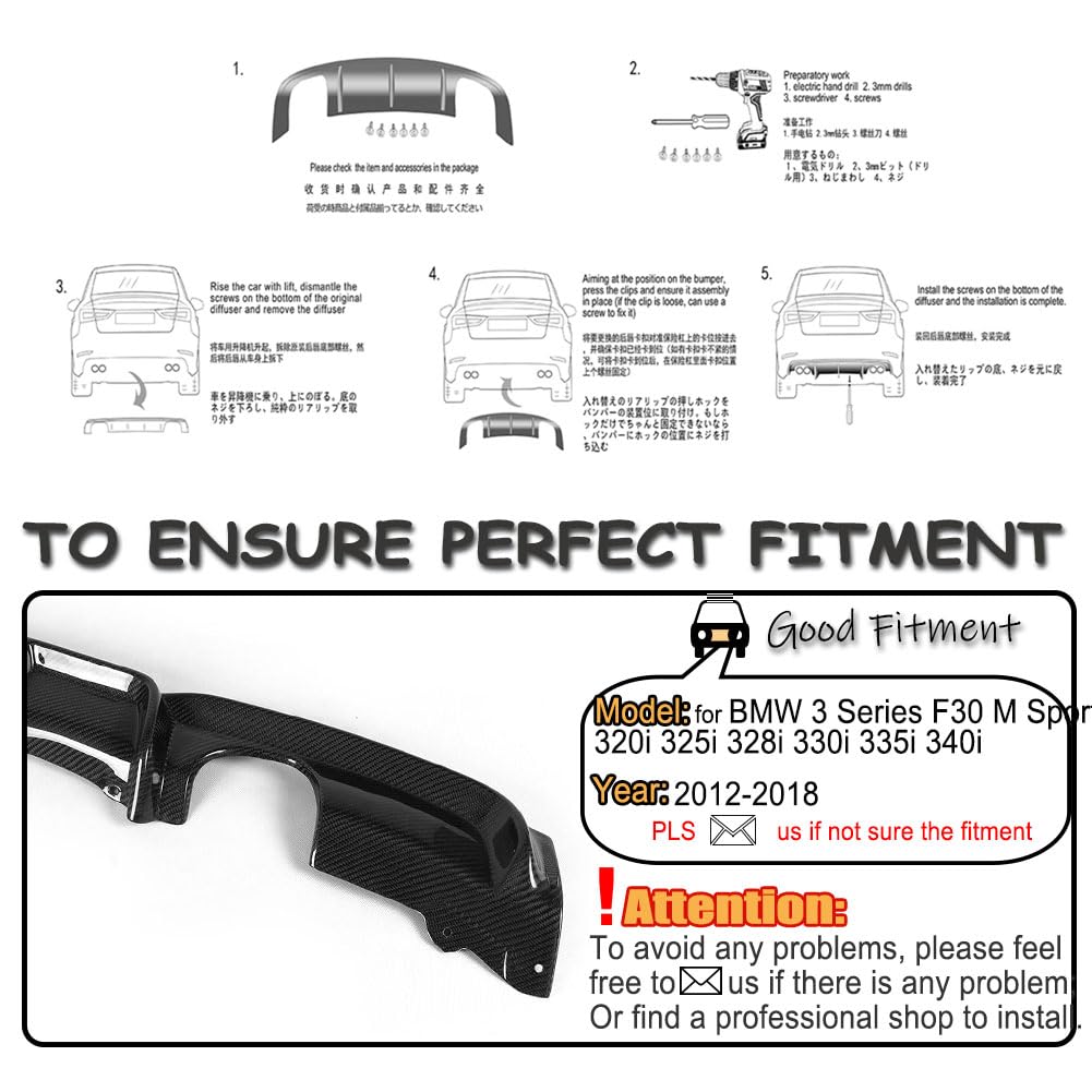 MCARCAR Carbon Fiber Rear Diffuser for BMW 3 Series F30 (2012-2018) | M Sport Sedan Body Kit | Compatible with 320i 325i 328i 330i 335i 340i Models | High-Performance Lower Bumper Lip Spoiler | Perfect for Car Enthusiasts & Street Racing Upgrades