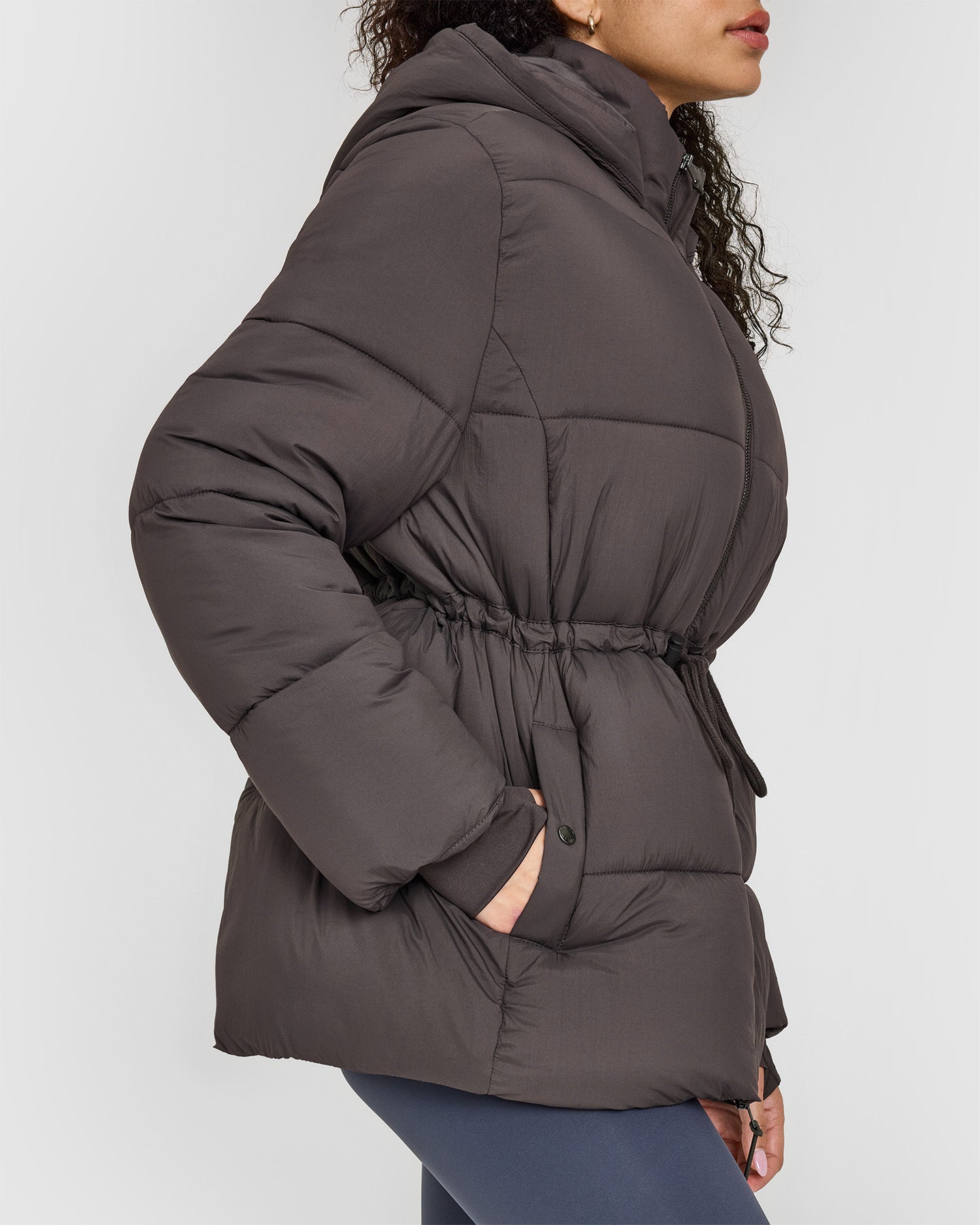 Truffle Brown Mid Length Puffer Jacket for Women - Warm Winter Coat with Hood, Lightweight Insulated Outerwear for Cold Weather - Perfect for Snowboarding, Skiing & Outdoor Activities