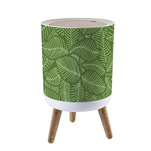 IBPNKFAZ89 7L/1.8 Gallon Small Trash Can with Lid - Nature Green Floral Split Leaf Design, Wooden Waste Bin with Press Cover, Round Garbage Bin for Bathroom, Bedroom & Kitchen | Perfect for Home, Office & Dorm Decor