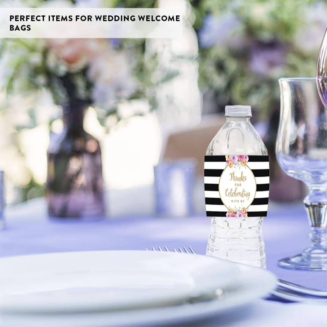 Andaz Press Floral Gold Glitter Wedding Water Bottle Labels - 20 Pack Stickers for Bridal Showers, Bachelorette Parties & DIY Wedding Decor