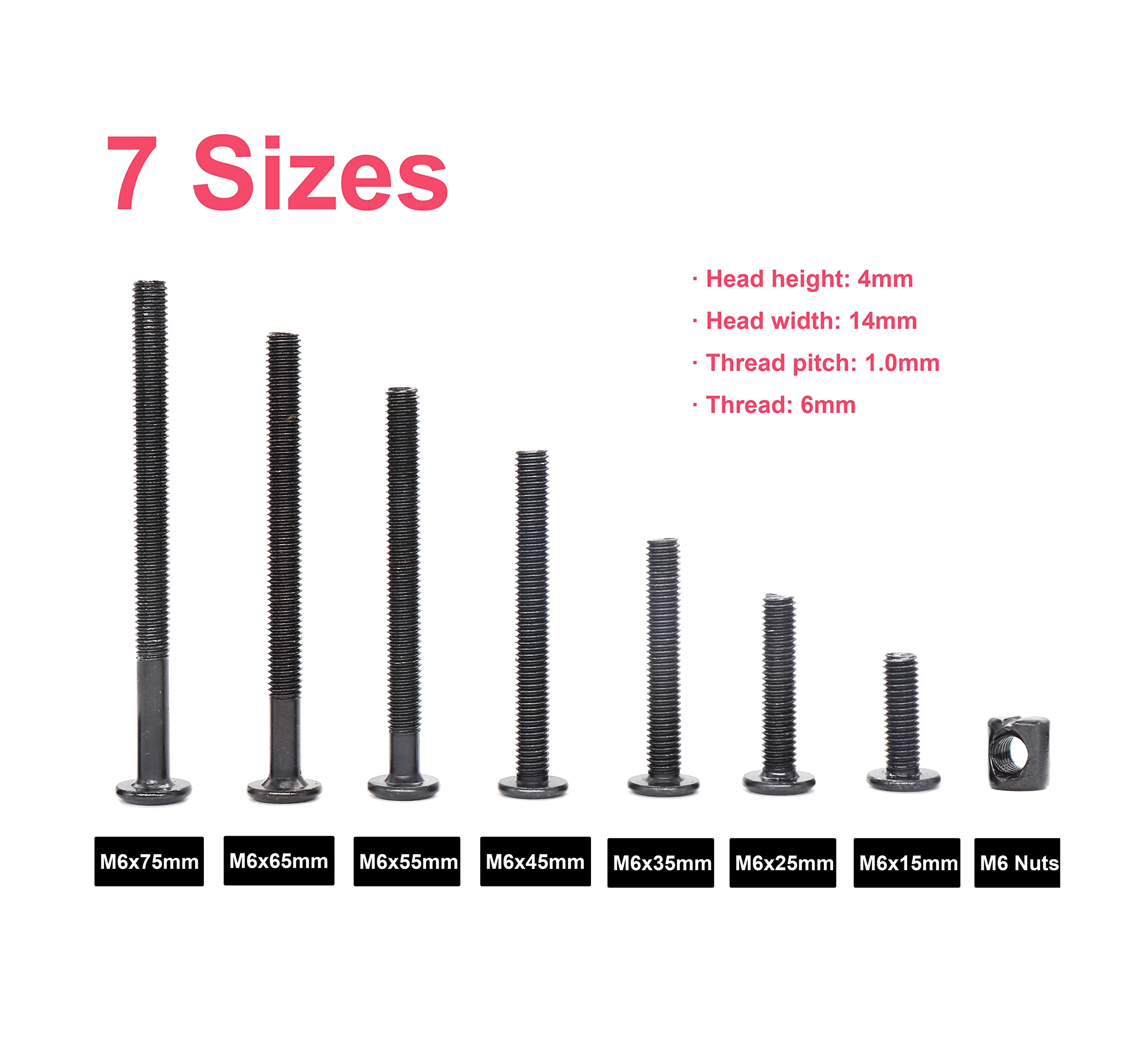 M6 Baby Crib Screws 100pcs Black Hex Socket Cap - 15-75mm for Furniture & Cot Assembly