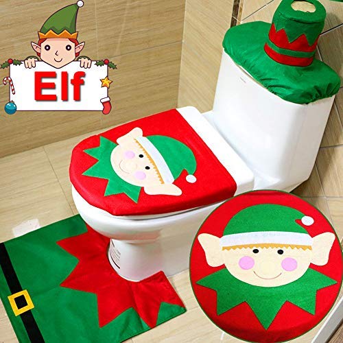 Christmas Elves Toilet Seat Cover, Tissue Box Cover & Bathroom Carpet Set - 3-Piece Holiday Bathroom Decor for Christmas, Festive Home Accessories (Perfect for Holiday Parties, Gift Giving & Seasonal Home Styling)