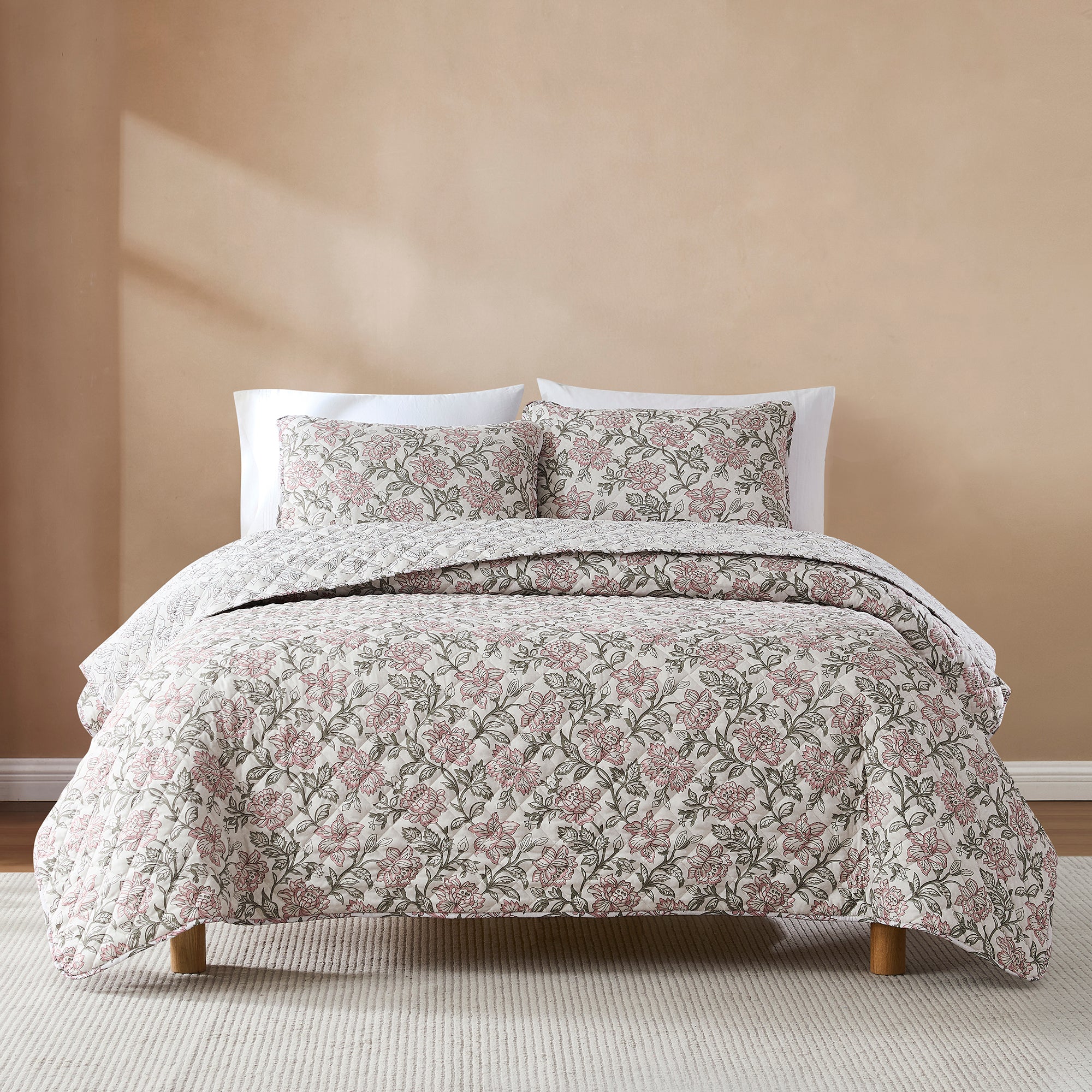 Zara Floral Block Reversible Quilt Set - King Size Bedding with Matching Pillow Shams, Soft Cotton Comforter Cover for Master Bedroom & Guest Room Decor
