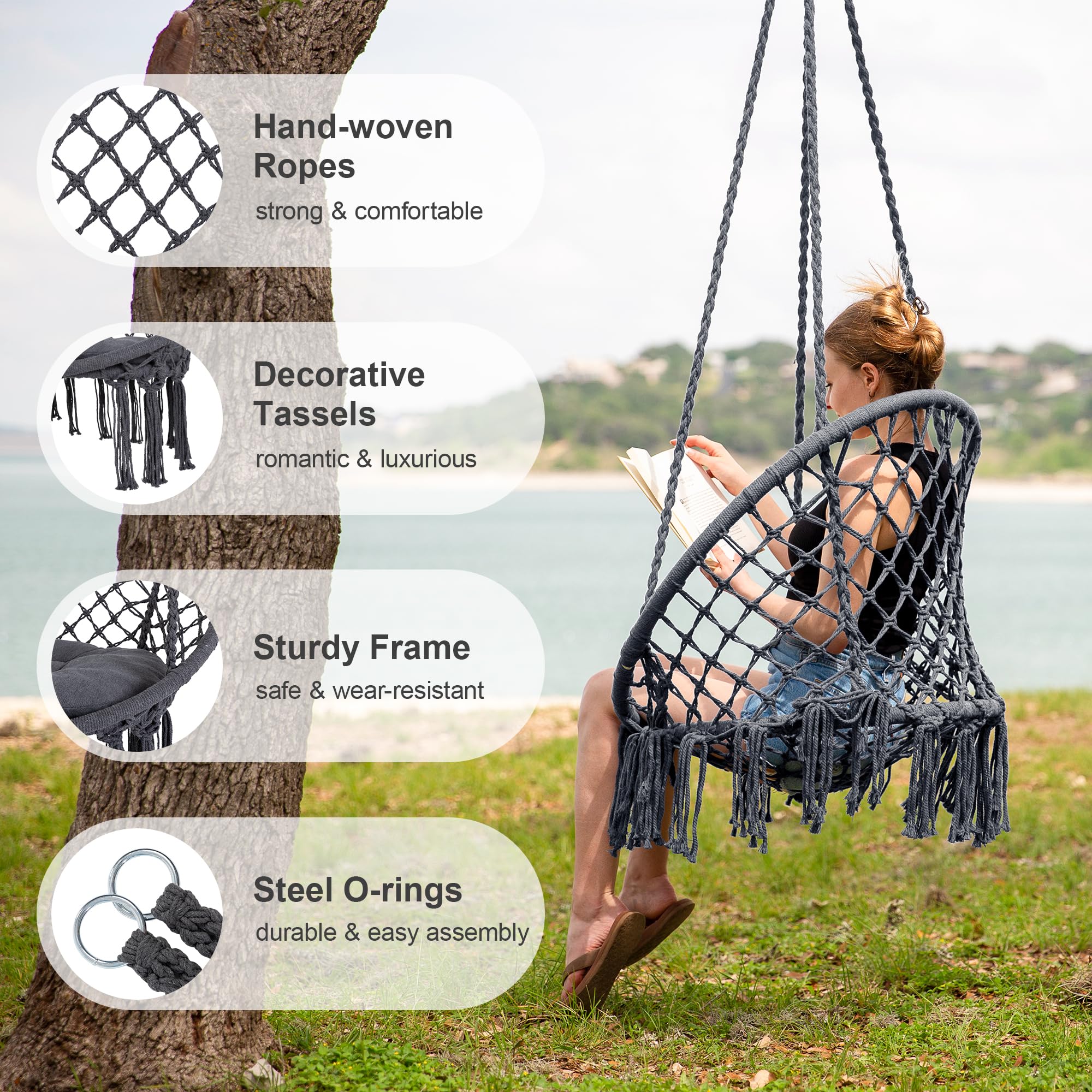 SUNCREAT Handmade Macrame Hanging Swing Chair with Hardware Kits - 330 LBS Capacity, Grey Knitted Rope Hammock for Indoor & Outdoor Use - Perfect for Bedroom, Patio, Garden, Deck, and Yard Relaxation