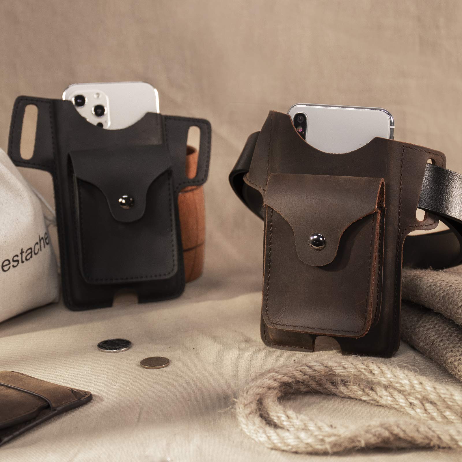Gentlestache Leather Belt Phone Holster with Small Pocket - Premium Leather Cell Phone Case & Holder for Men & Women, Ideal for Outdoor, Work, and Everyday Use