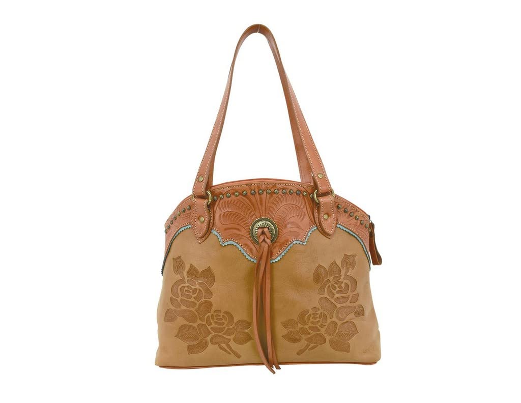 American West Women's Texas Rose Tote Bag - Tan Leather Crossbody Purse for Everyday Use, Work & Travel | One Size Fits All | Western Cowgirl Style Handbag
