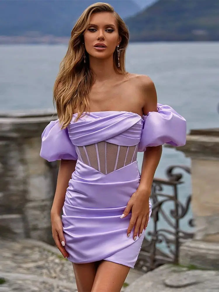 Sexy Off Shoulder Bubble Sleeve Mini Dress for Women - Summer Pleated Tight Party Club Dress | Perfect for Night Out, Date Night & Special Occasions