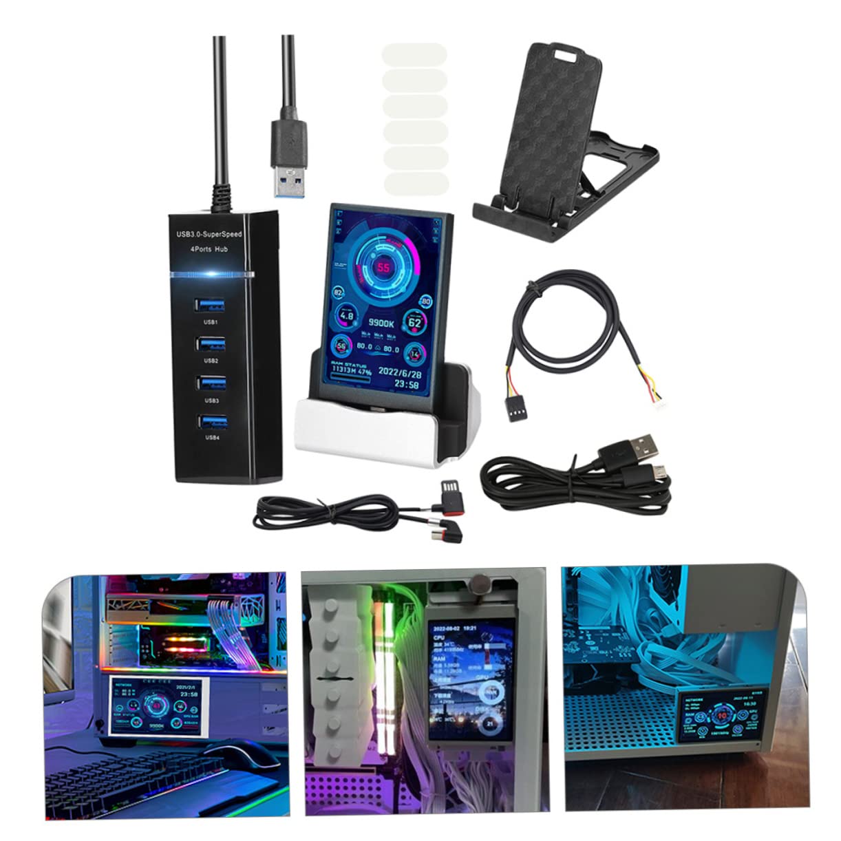 KONTONTY Secondary Computer Screen - GPU Data Monitor, HDD & Network Data Display, Mini PC Case Screen - Perfect for Gaming Rigs, Workstations & Home Office Setups