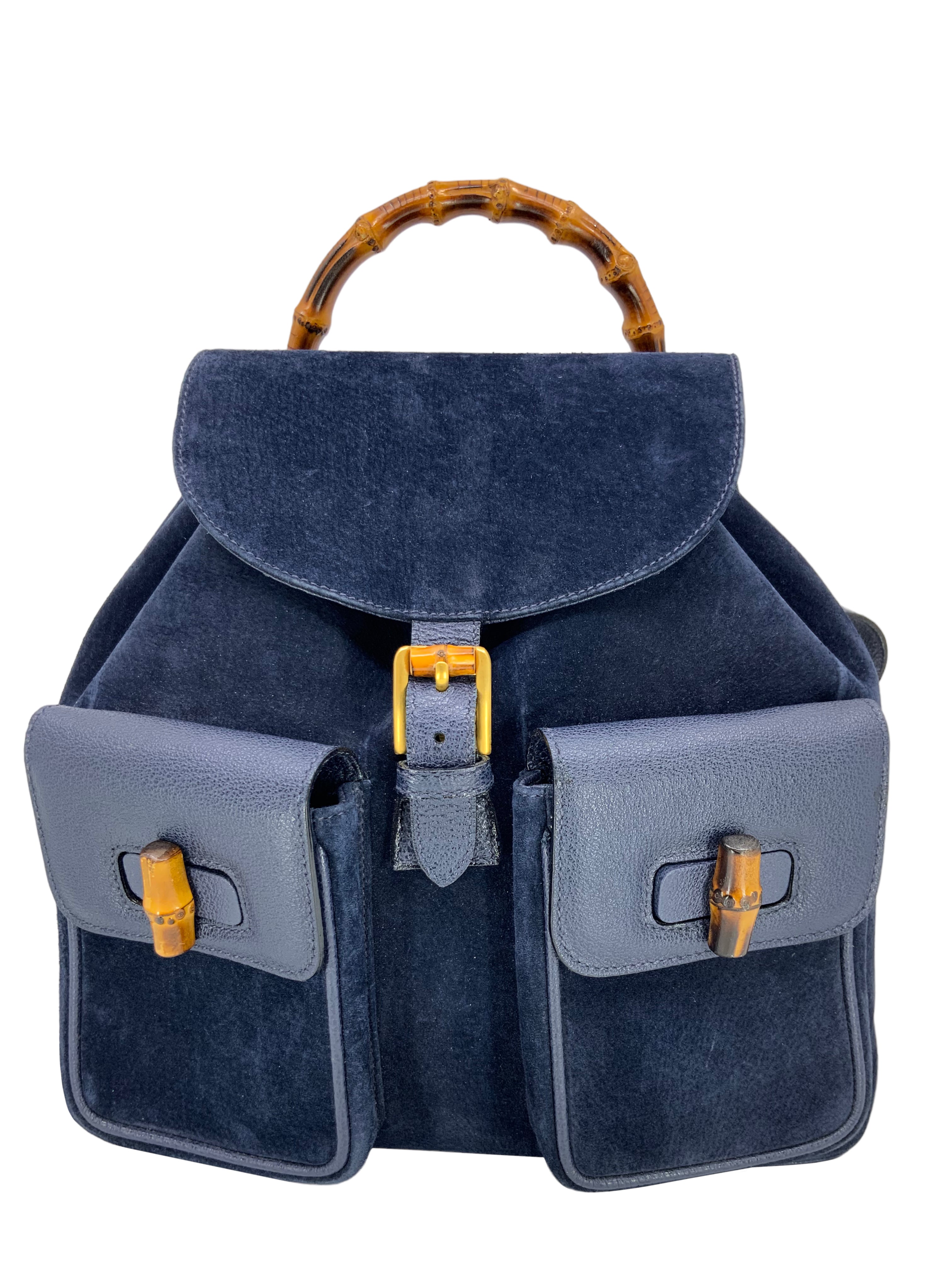 Vintage Gucci Suede Bamboo Drawstring Backpack for Women | Luxury Designer Handbag for Travel, Work & Everyday Use