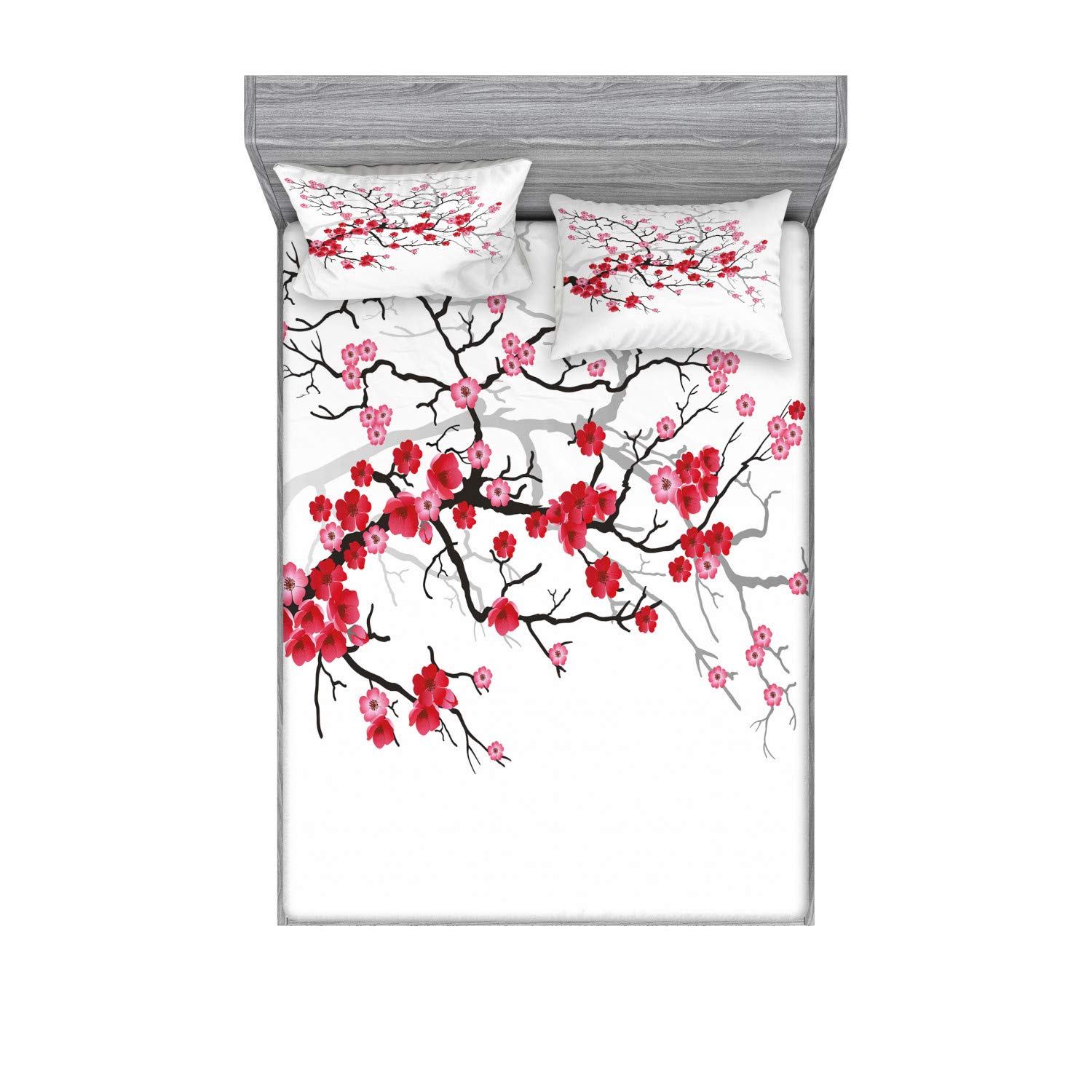 Ambesonne Japanese Sakura Flower Printed 3-Piece Bedding Set - Full Size Fitted Sheet & Pillow Sham, Dark Brown & Coral Abstract Nature Design for Modern Bedroom Decor | Perfect for Spring Home Styling and Asian-Inspired Interior Design