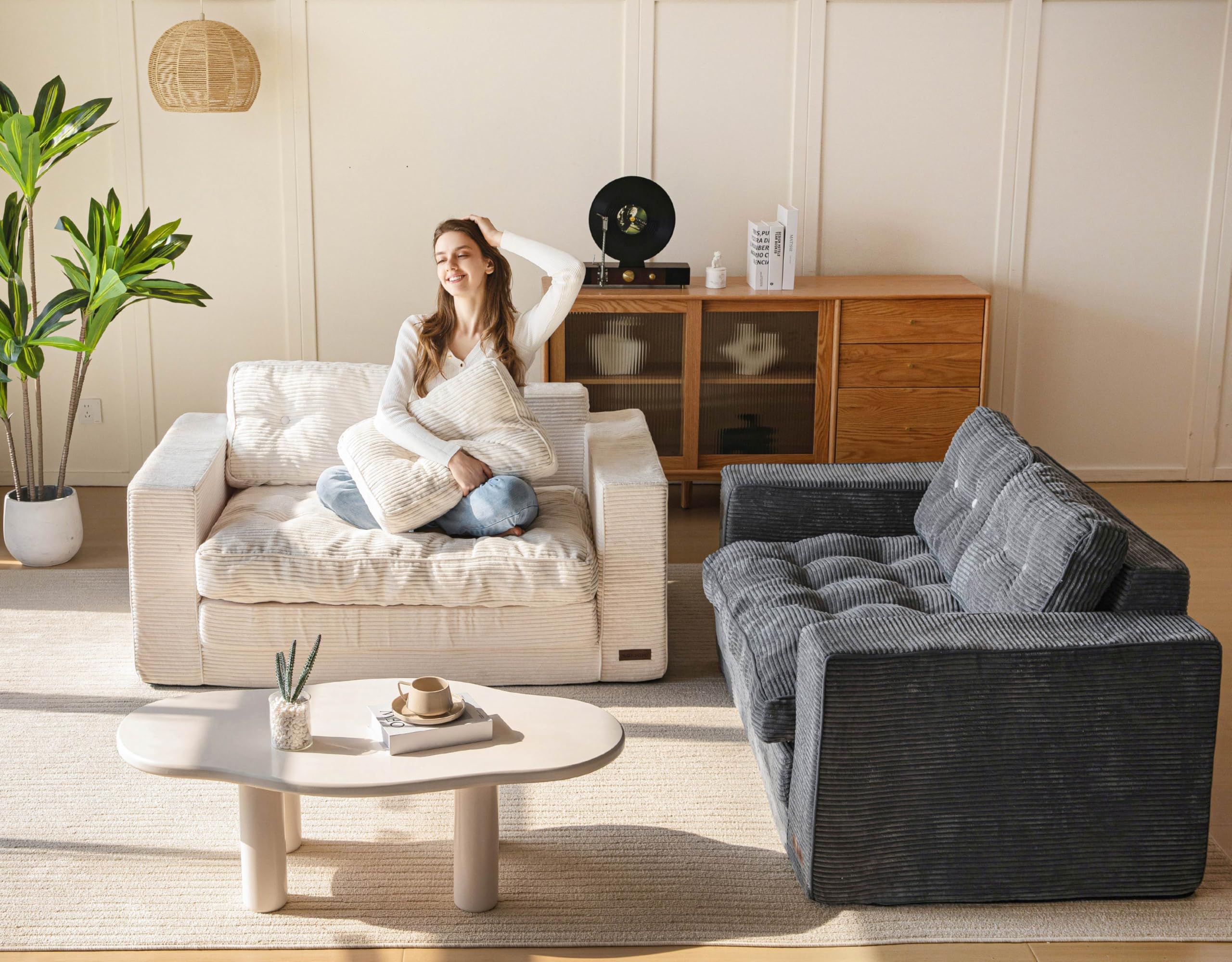 MAXYOYO Convertible Sofa Bed - Corduroy Floor Couch for Small Spaces | Dark Grey Convertible Sleeper Sofa | Perfect for Guest Room, Studio Apartments & Dorm Living