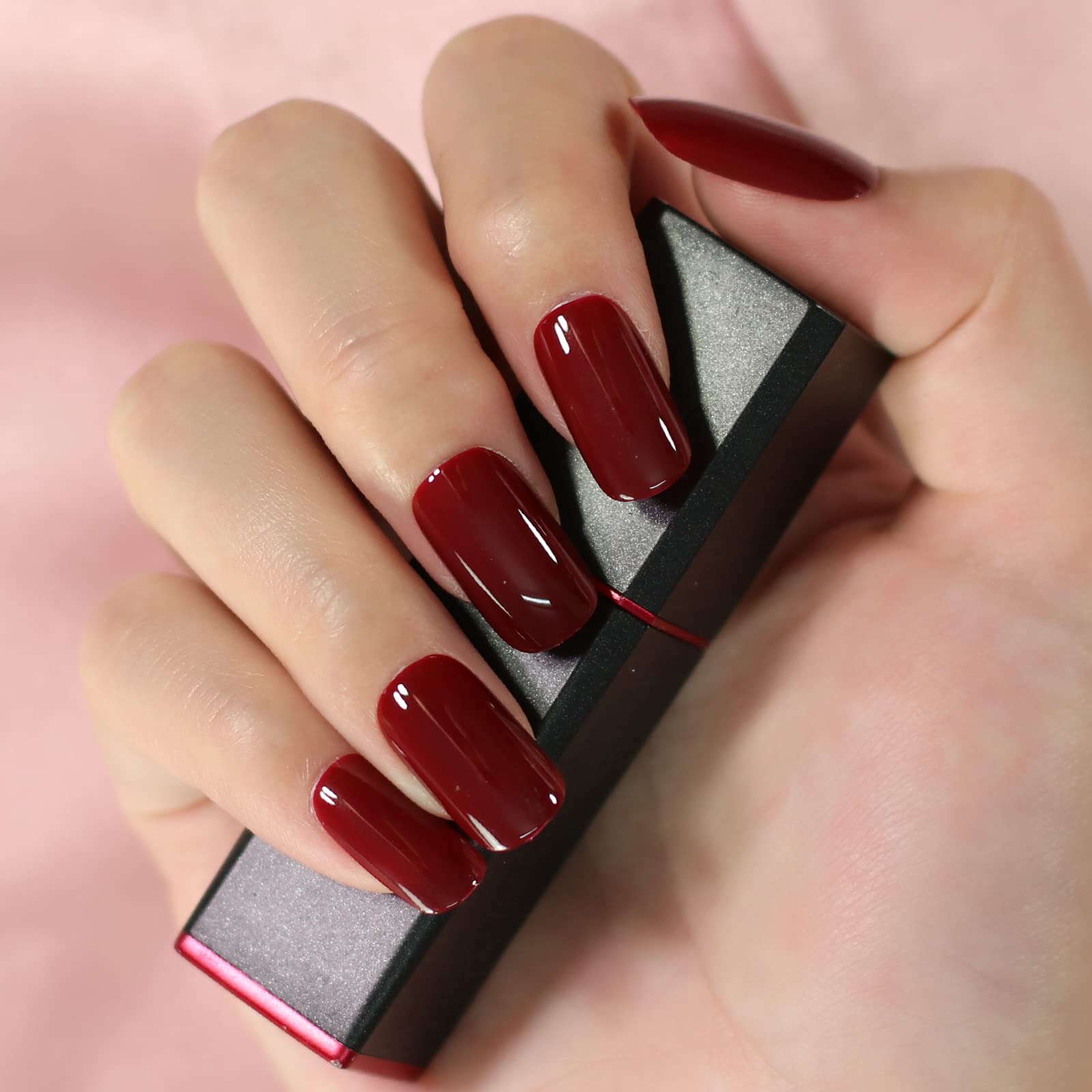 Burgundy Claret Red Press On Nails - Short Square Fake Nails with UV Gel Finish | 24-Piece Reusable Nail Kit with Jelly Glue & 10 Sizes | Perfect for Parties, Weddings, Date Nights & Everyday Wear