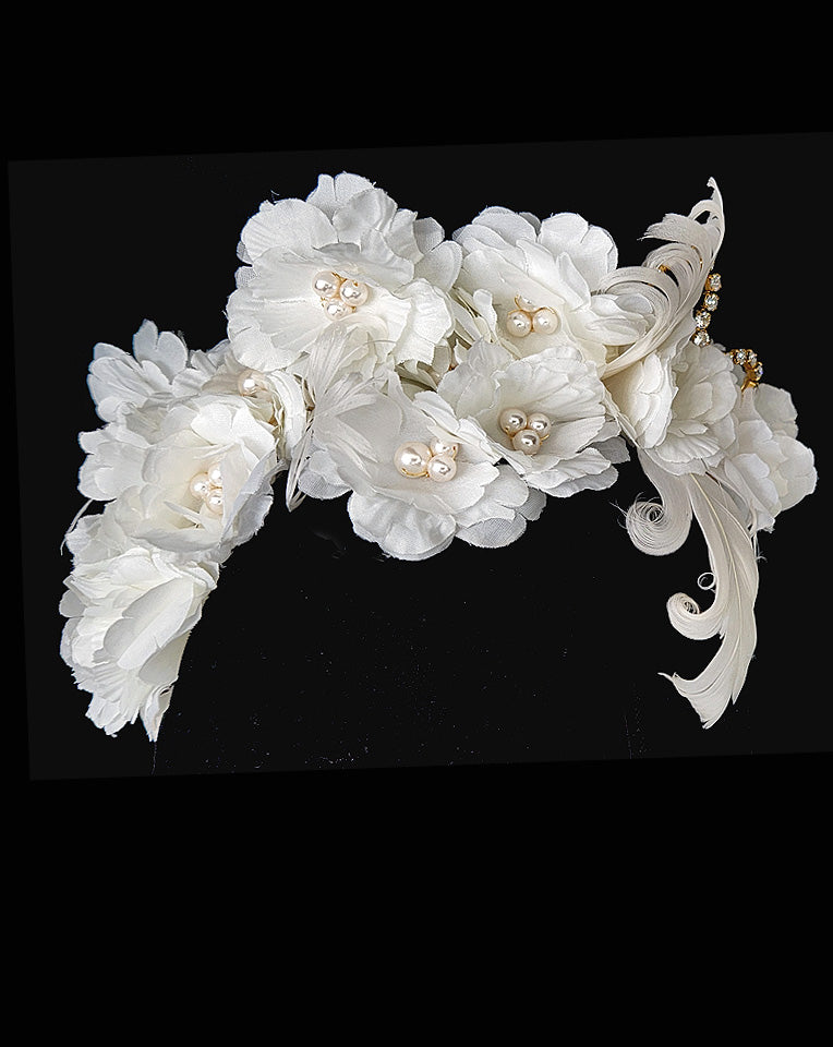 Elegant Boho Pearl Floral Feather Headband for Wedding - Romantic Bridal Hair Accessory by Kezani | Perfect for Boho, Beach & Vintage Weddings