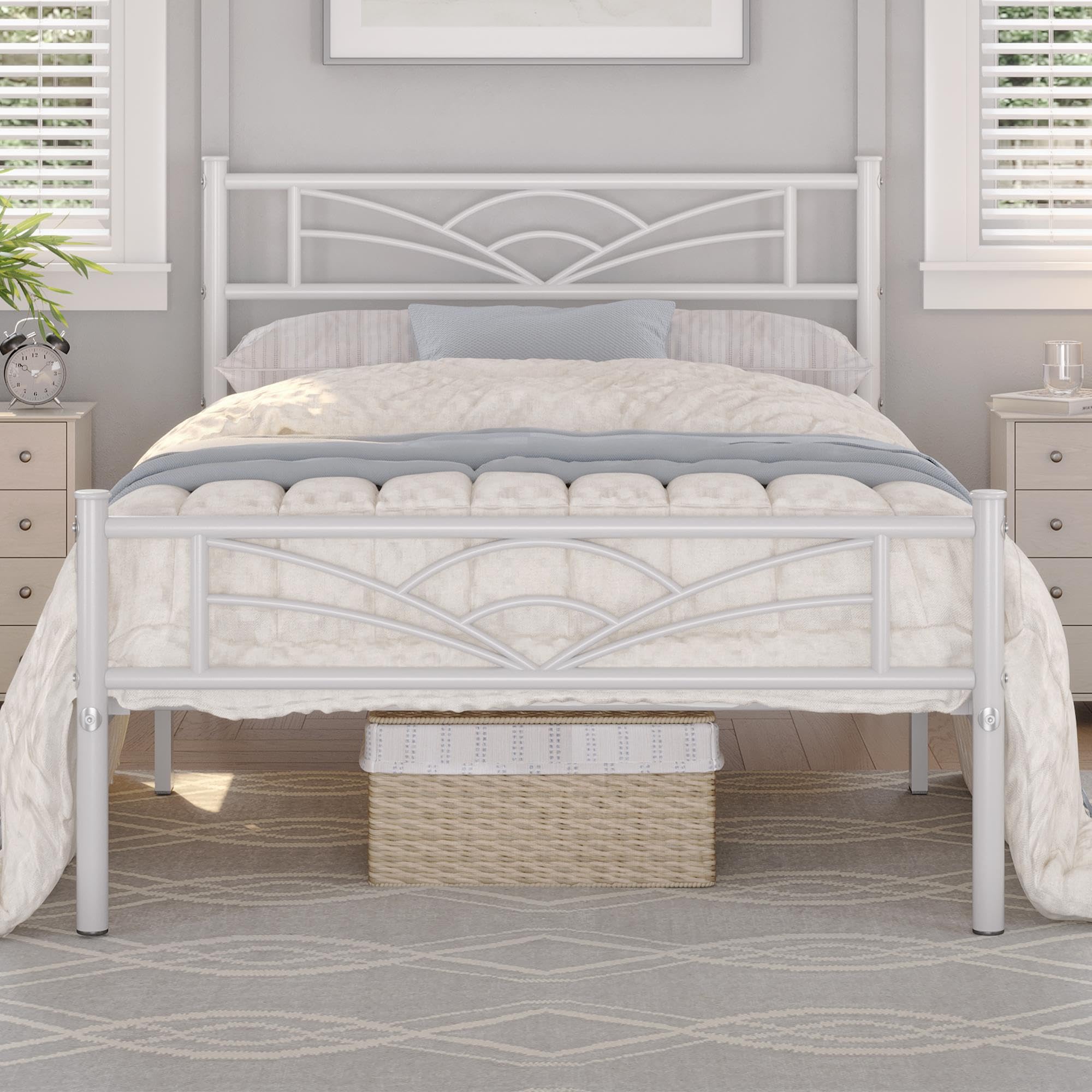 Yaheetech 3ft Single Metal Bed Frame with Slatted Base & Cloud-Design Headboard, Sturdy White Platform Bed with Underbed Storage - Perfect for Small Bedrooms, Guest Rooms & Dormitories