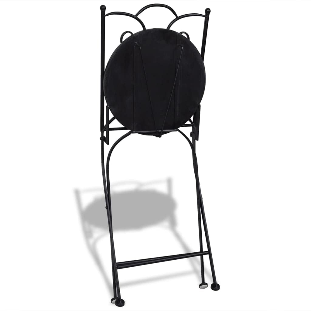 vidaXL 3-Piece Bistro Set with Round Table & Folding Chairs - Black & White Ceramic Tile Patio Furniture for Outdoor Garden, Balcony, or Poolside Dining
