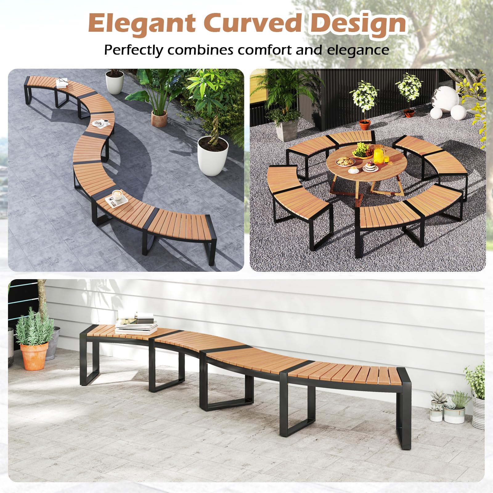 **Tangkula Patio Curved Bench - Acacia Wood Fire Pit Bench with Slatted Seat & Metal Legs - Outdoor Backless 2-Person Seating for Yard, Garden, Porch - 800 LBS Max Load - Oil Painted (2 Pack) - Perfect for Campfires, Outdoor Gatherings & Relaxation**
