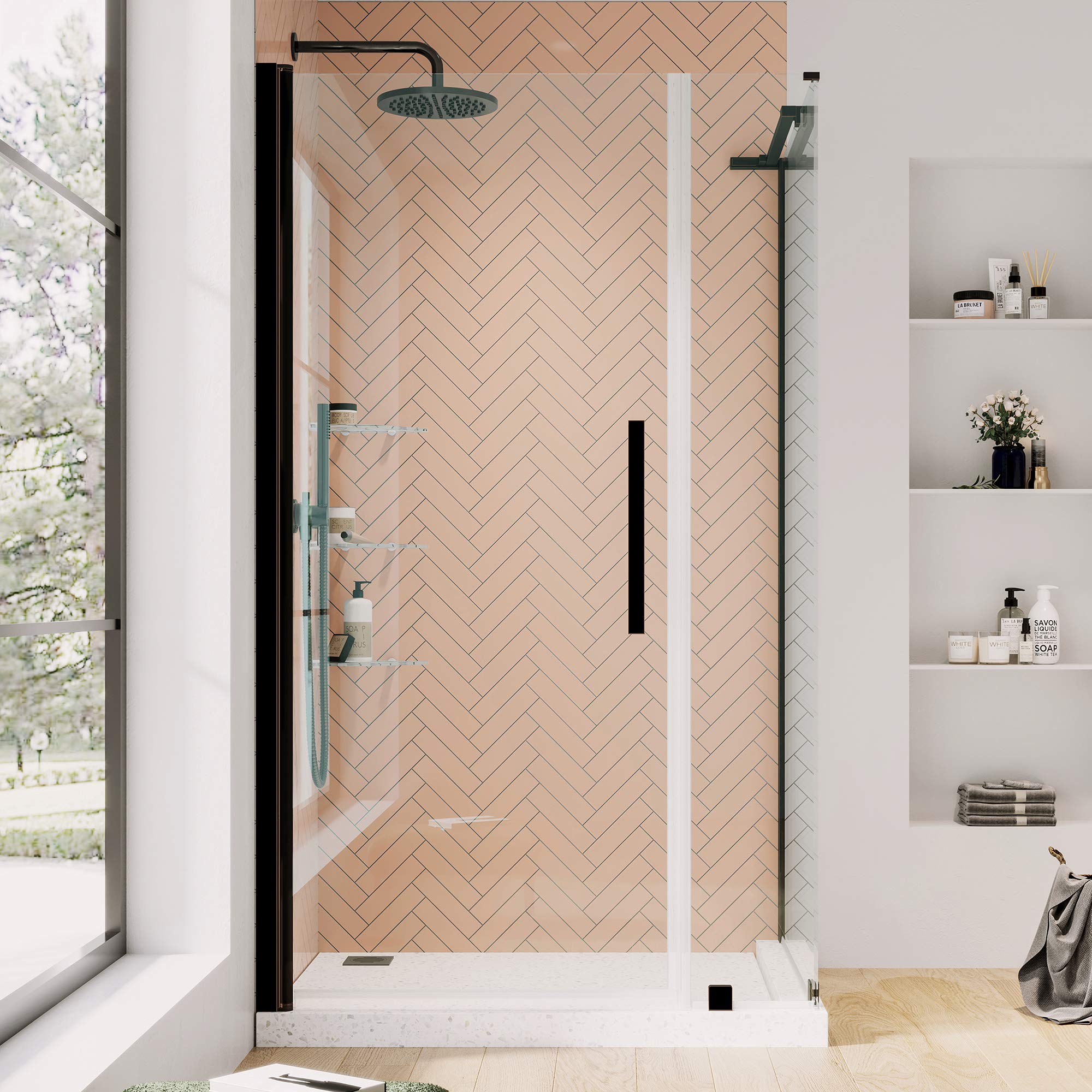 OVE Decors Pasadena Frameless Corner Shower Door 34x29 Inch Oil Rubbed Bronze with Built-in Shelves - Perfect for Modern Bathroom Renovations and Space-Saving Designs PA0511301