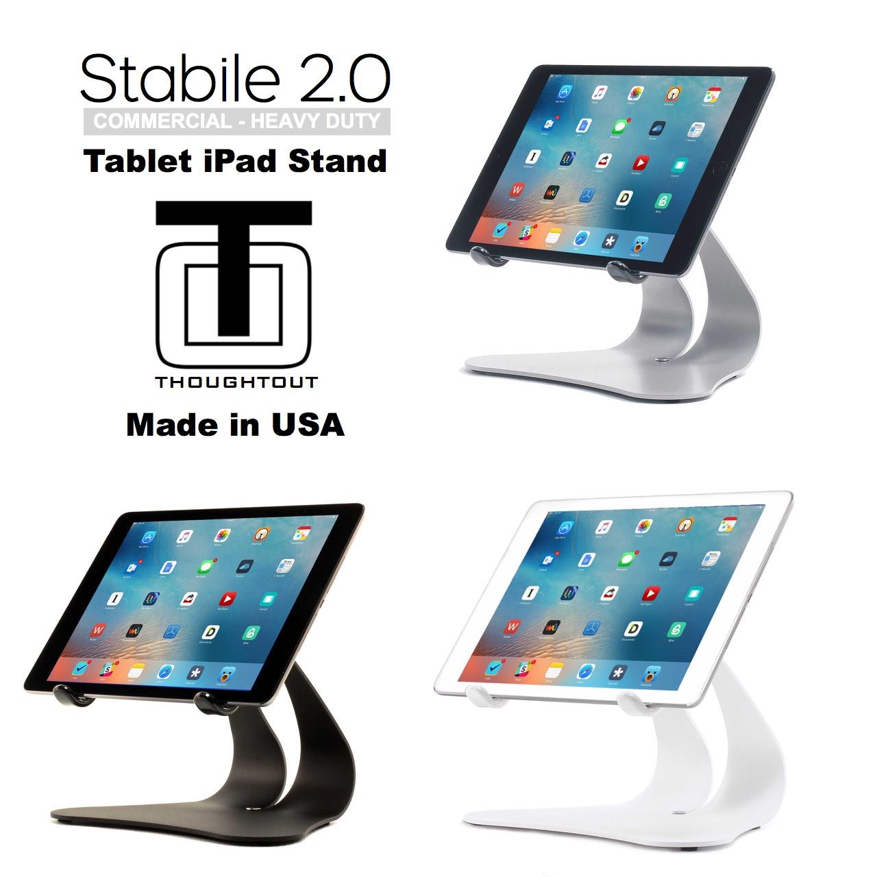 Thought Out Stabile 2.0 Steel Stand Silver - Premium iPad Stand Made in USA - Durable Metal Tablet Holder for Apple iPad Pro/Air/Mini - Perfect for Home Office, Desk Work & Video Calls