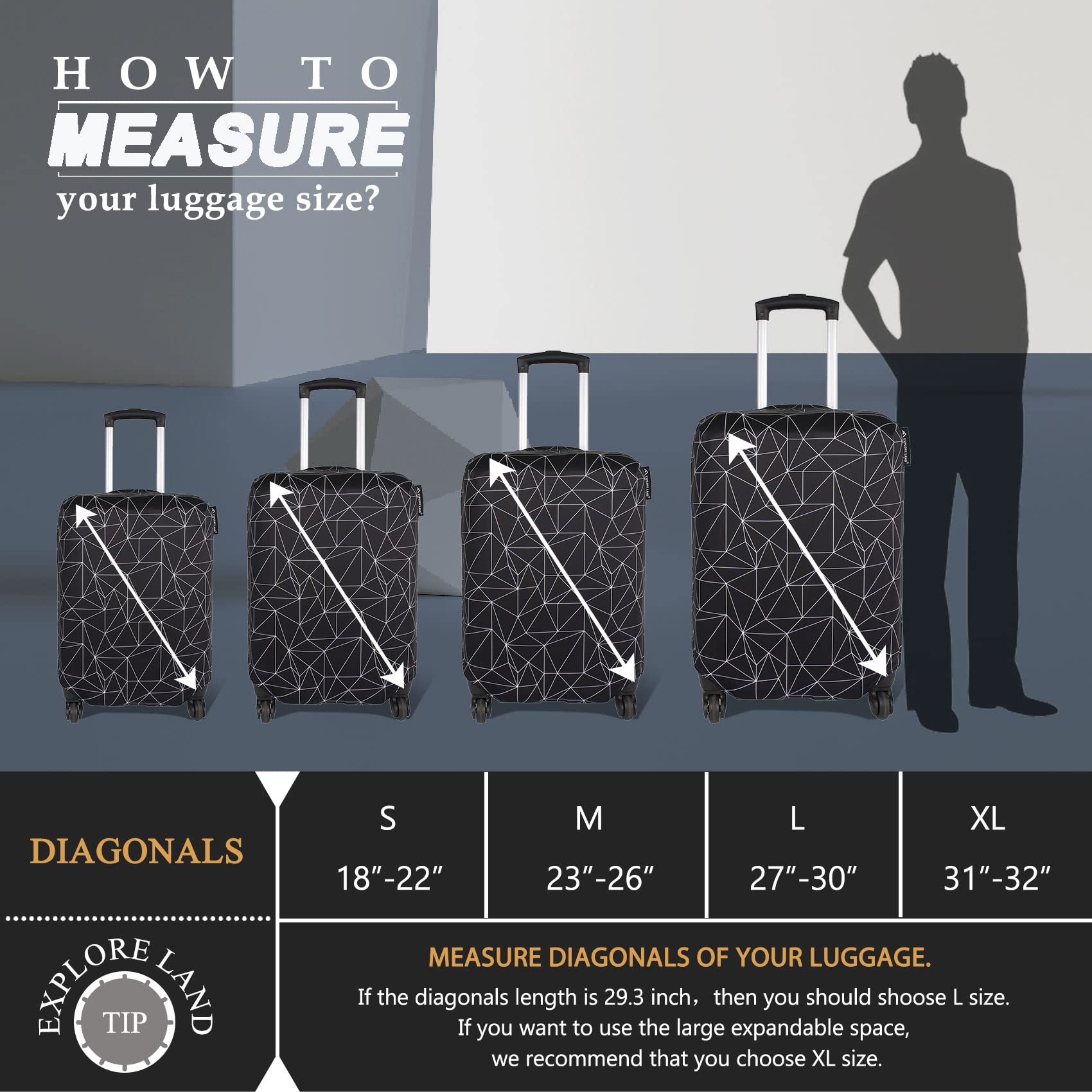 Explore Land Travel Luggage Cover - Waterproof Suitcase Protector for 27-30 Inch Bags (Black Polygonal, Large Size) - Perfect for Airplane Travel & Storage Protection