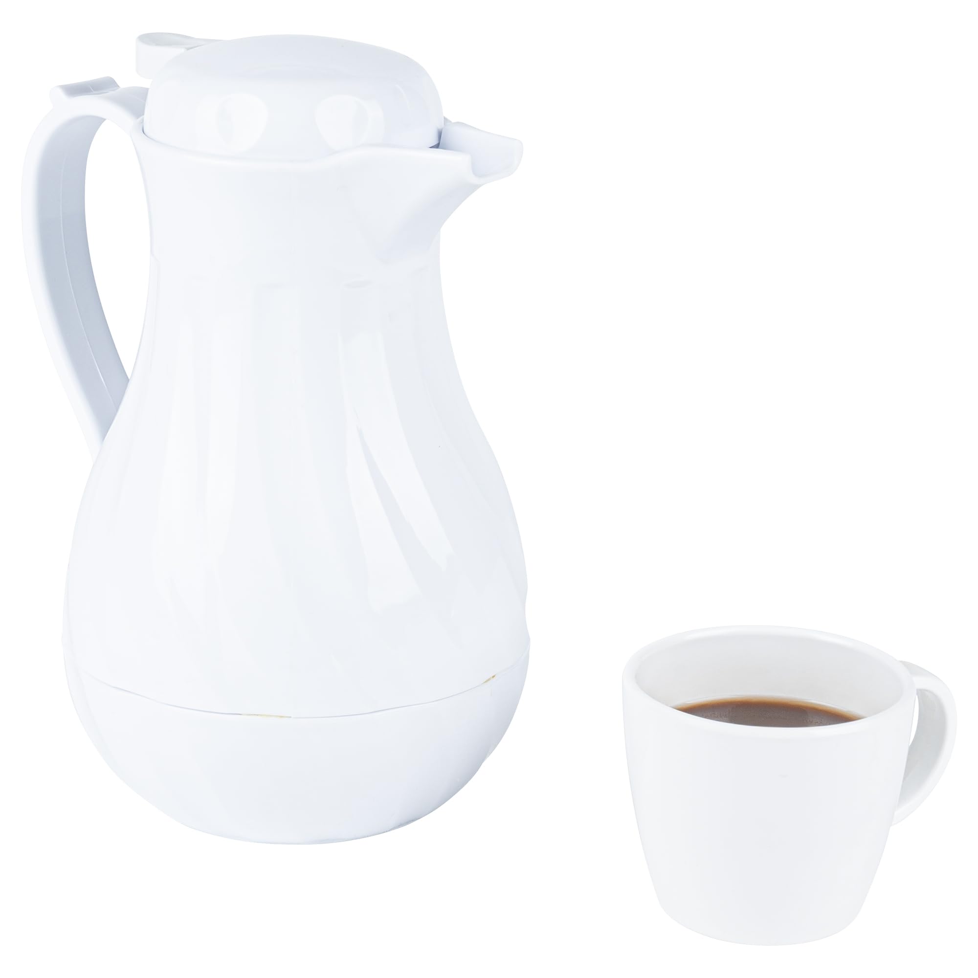 Restaurantware Restpresso 42oz Insulated Coffee Carafes - 10 Pack with Push-Button Lid, Swirl Design & Built-in Handle, White Plastic Coffee Servers with ID Tags - Perfect for Restaurants, Cafes & Catering Events