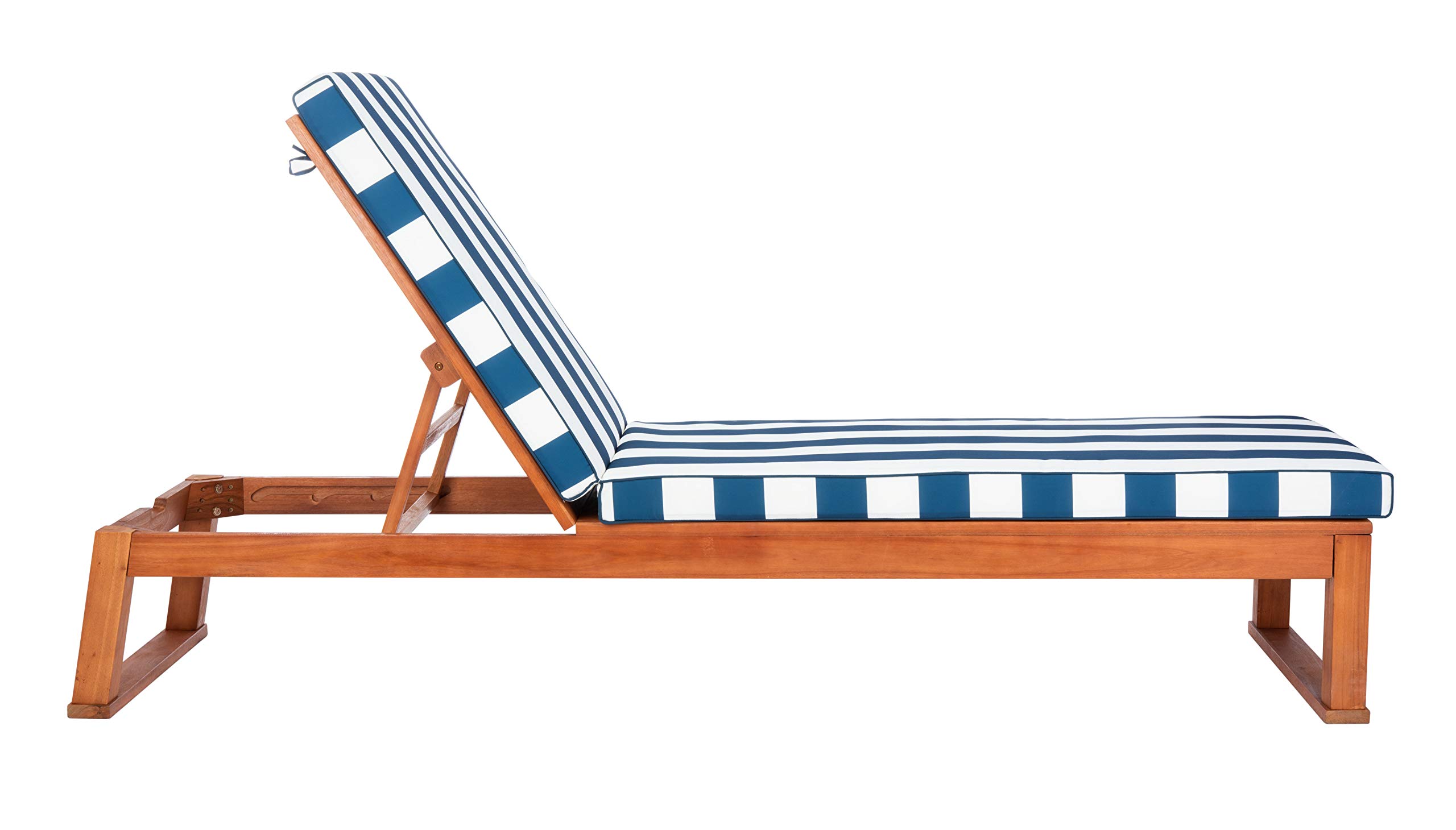 SAFAVIEH Solano Adjustable Chaise Lounge Chair - Natural Brown Solid Wood with Navy Blue & White Stripe Cushion - Outdoor Patio Furniture for Poolside, Garden & Backyard Relaxation (PAT7024H)